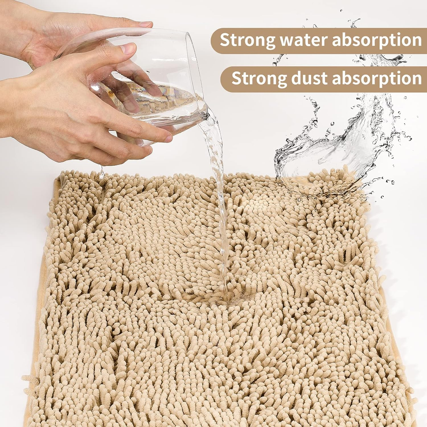 Taicols Bath Mat Set, 2 Pcs Non-Slip Microfiber Shag Bathroom Rug Mat, Chenille Non-Slip Back Bathroom Mat, U Shape Toilet Rug Fleece Softness, Bathroom Carpet, Super Soft Microfiber Bath Rug (Camel) - Gray image number 4