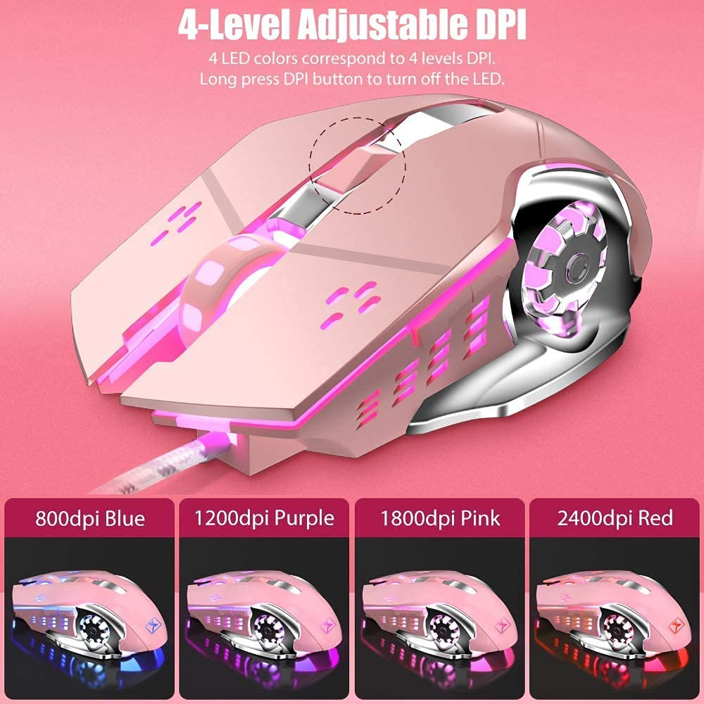 Gaming Keyboard and Mouse,Retro Steampunk Vintage Typewriter-Style Mechanical Keyboard with White LED Backlit,104-Key Anti-Ghosting Blue Switch Wired USB Metal Panel round Keycaps(Pink) - Black/White image number 7