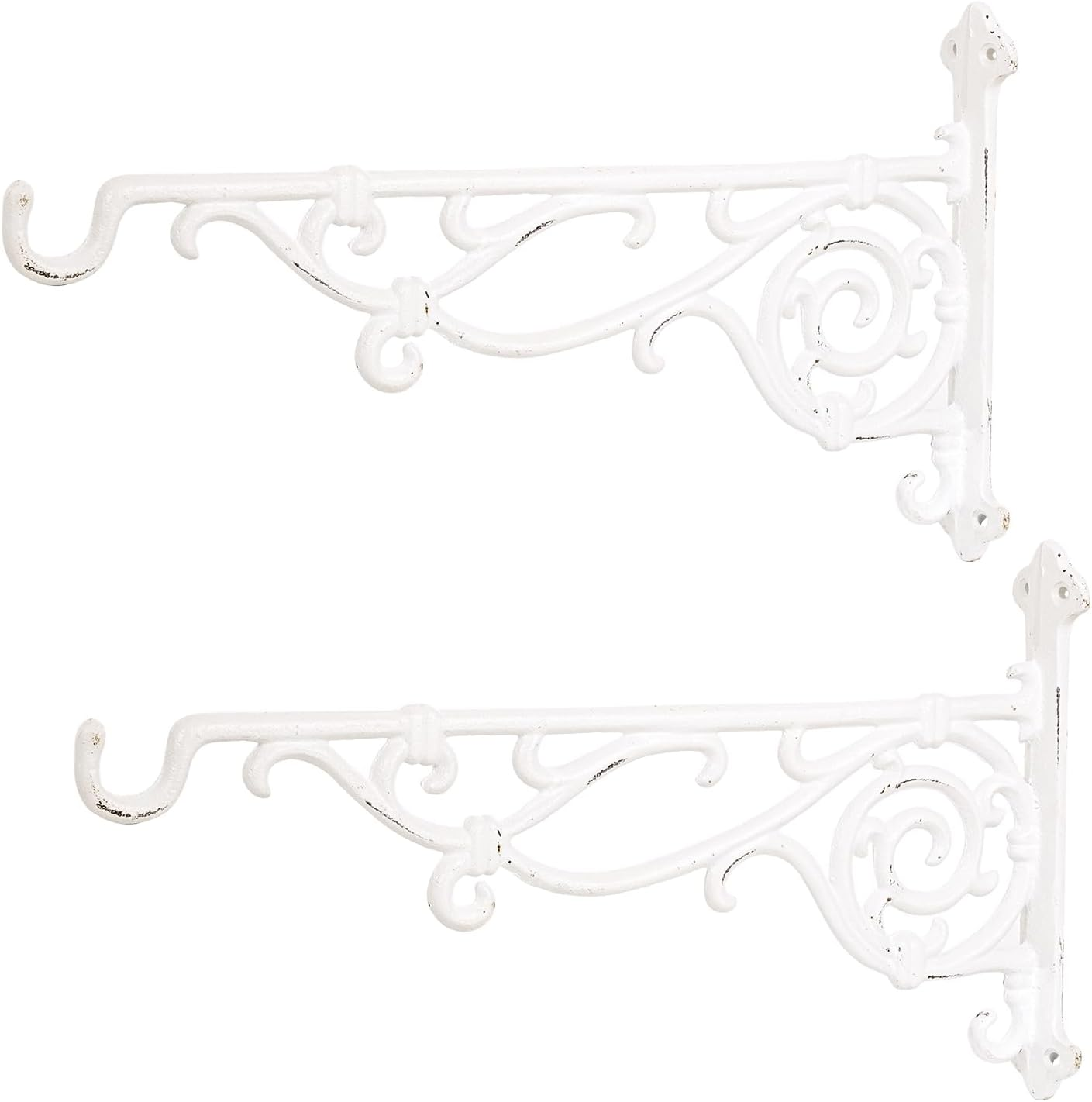 Sungmor Cast Iron Hanging Plant Bracket, 16.5" Large Outdoor Wall Plant Hangers, 2Pcs White Heavy Duty Hanging Basket Hooks, Decorative Hooks for Flower Pot, Lantern, Wind Chime, Hummingbird Feeder