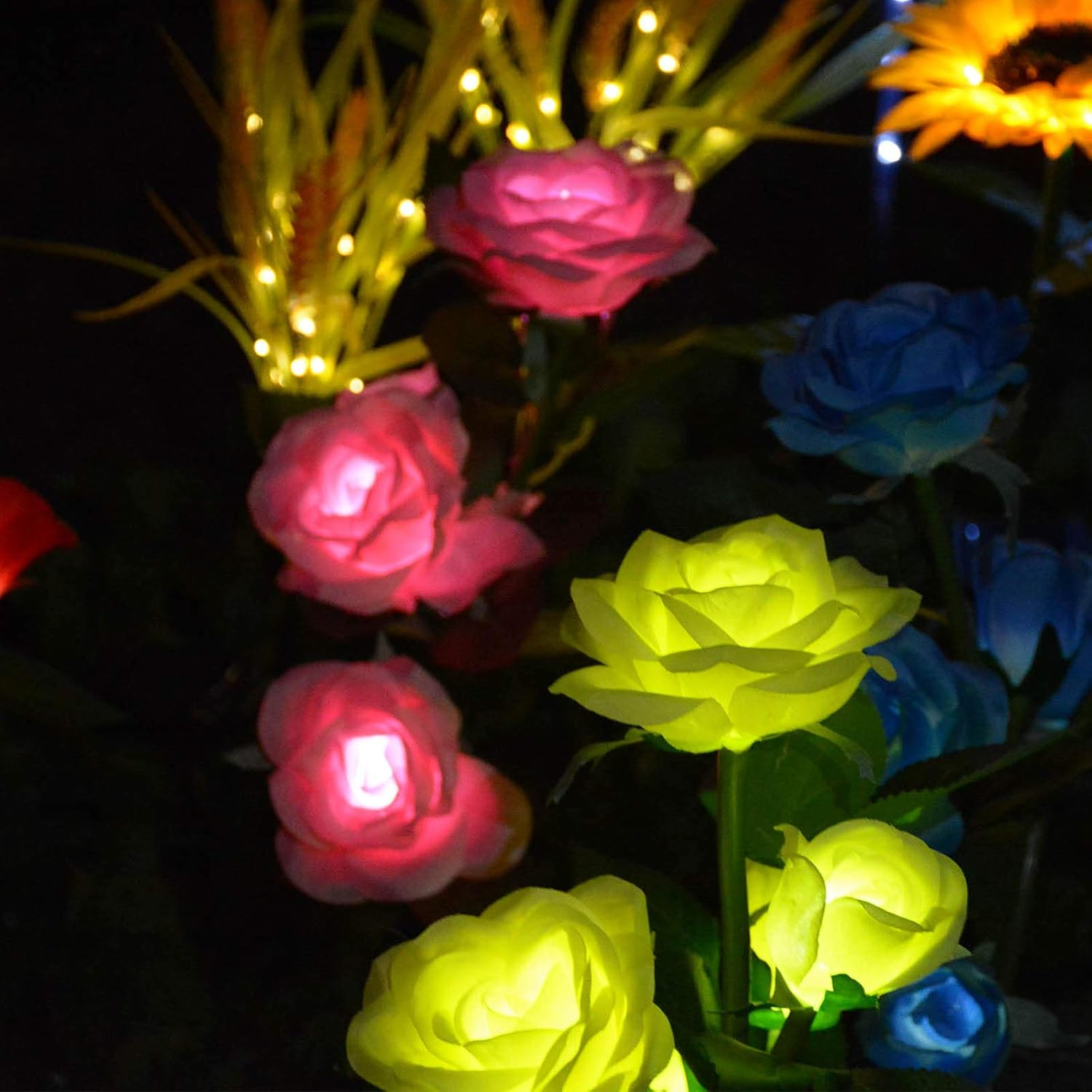 [Upgraded 6 Flowers]Solar Powered Artificial Rose Flower Lights,Waterproof Outdoor Garden Accent Lighting for Summer Country Field Yard Pathway Balcony Memorial Cemetery Gravesite Decorations, Yellow - Pink image number 5