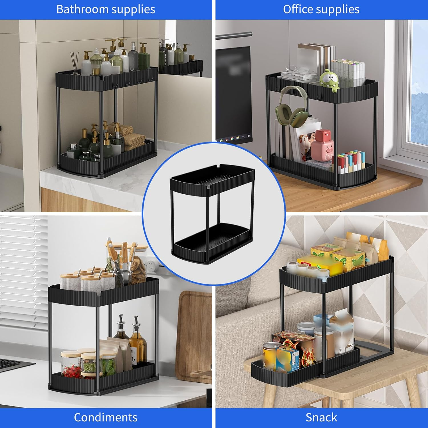 Under Sink Organizer Storage 2 Packs, 2-Tier Shelf with 4 Hanging Hooks, under Slid Cabinet Basket Rack for Bathroom Kitchen image number 3