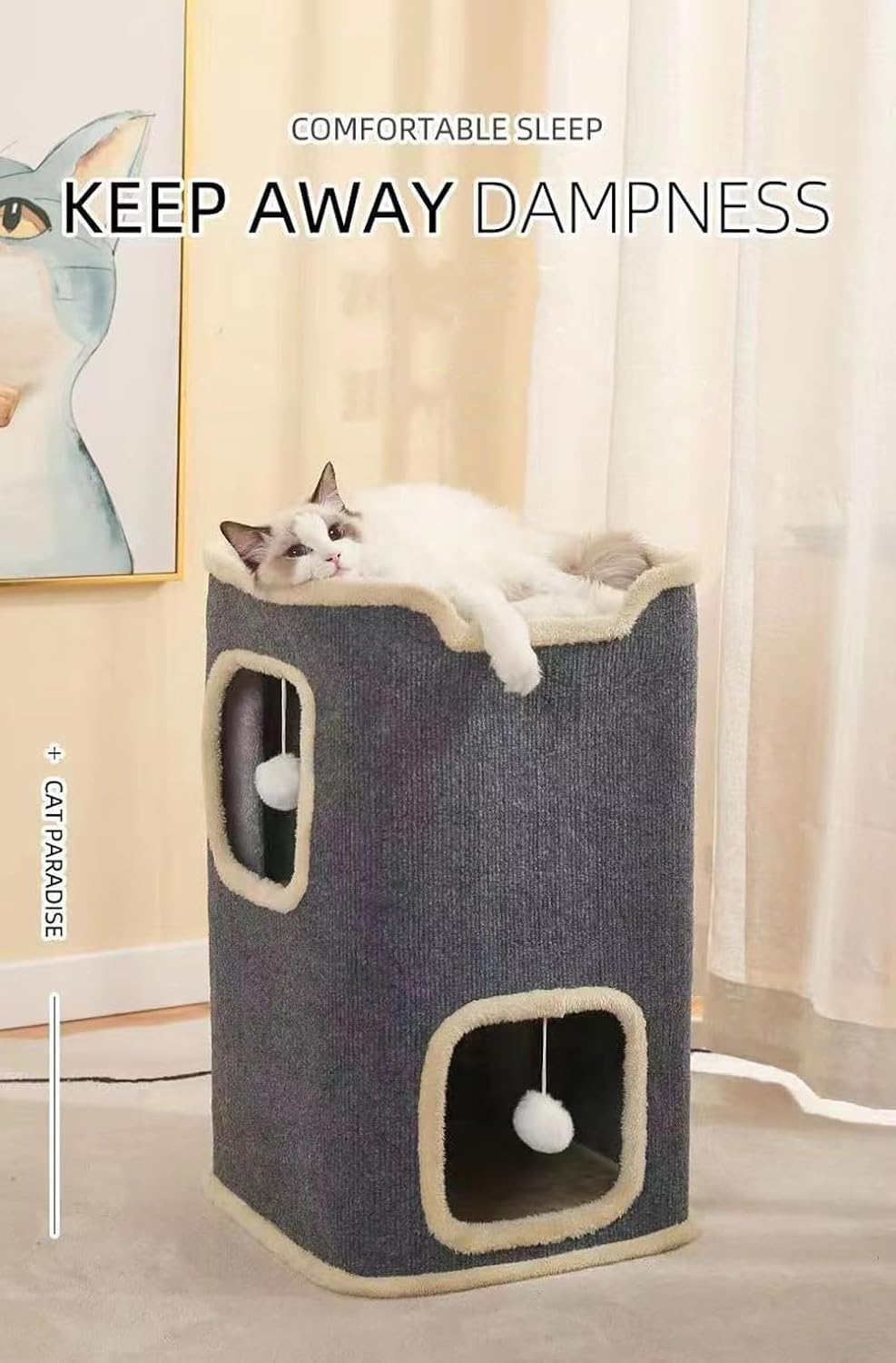 Indoor Cat House,Cat Cave, Covered Cat Hole Bed Furniture with Ball Hanging, Equipped with Concealed Apartments, Weighing up to 30 Pounds, 2-Story Cat Bed Cat House (Gray) image number 3