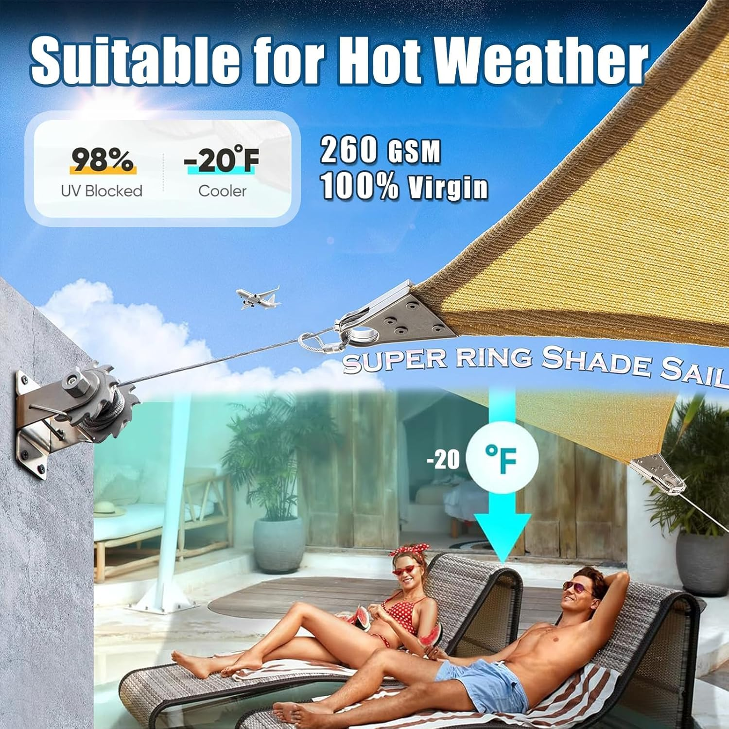 LIODUX Sun Shade Sail, Rectangle UV Sand Block Sunshade, Super Ring Sun Shade Sail Canopy Structure, 260 GSM Permeable Fabric, Reinforced Corners, for Backyard Yard Patio Garden Outdoor (3 X 5 Meter) image number 5