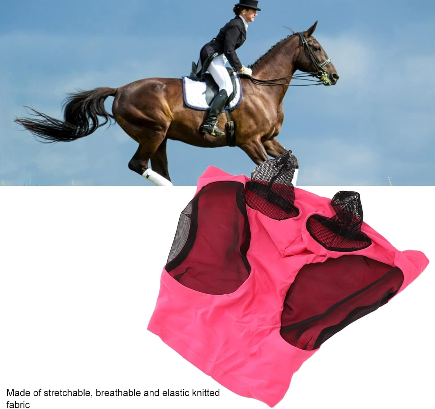 Breathable Horse Mesh Fly Mask with Ears, Elastic Equestrian Face Mask for Horses, Sunlight Protection & Fly Protector (Rose) image number 2
