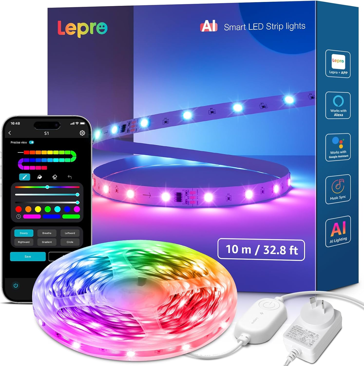 Lepro S1 AI Smart LED Strip Lights 10M RGB+IC, Works with Alexa & Google Assistant, Music Sync, Colour Changing, Wifi Bluetooth App Voice Control, Personalized AI Lighting Designer, Flexible LED Light image number 4