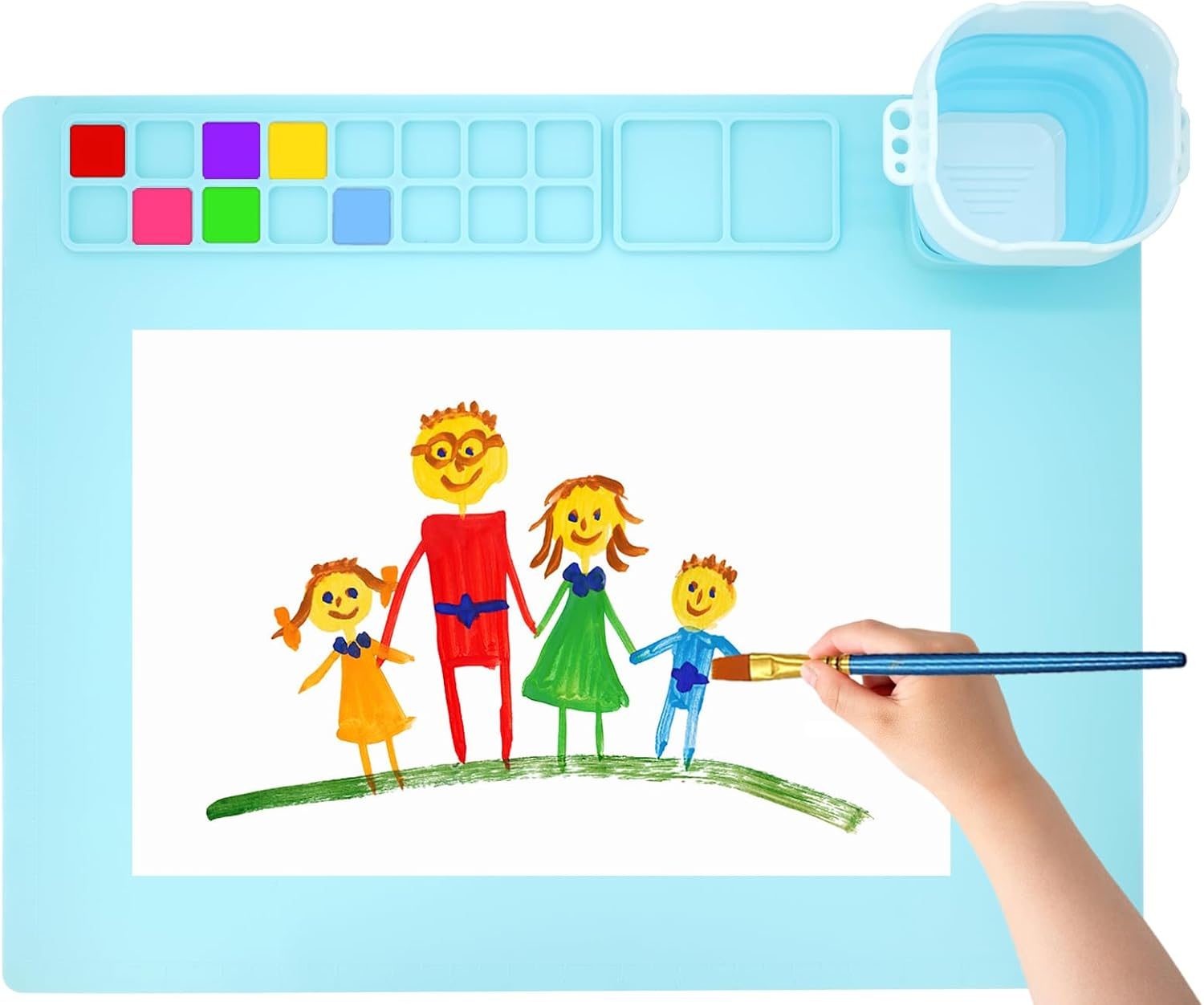 YBVABE Silicone Art Mat, 51 X 41Cm - Paint Mat with Scrubber Cup & 14 Color Dividers, for Art, Painting, Clay & DIY Creations, Blue