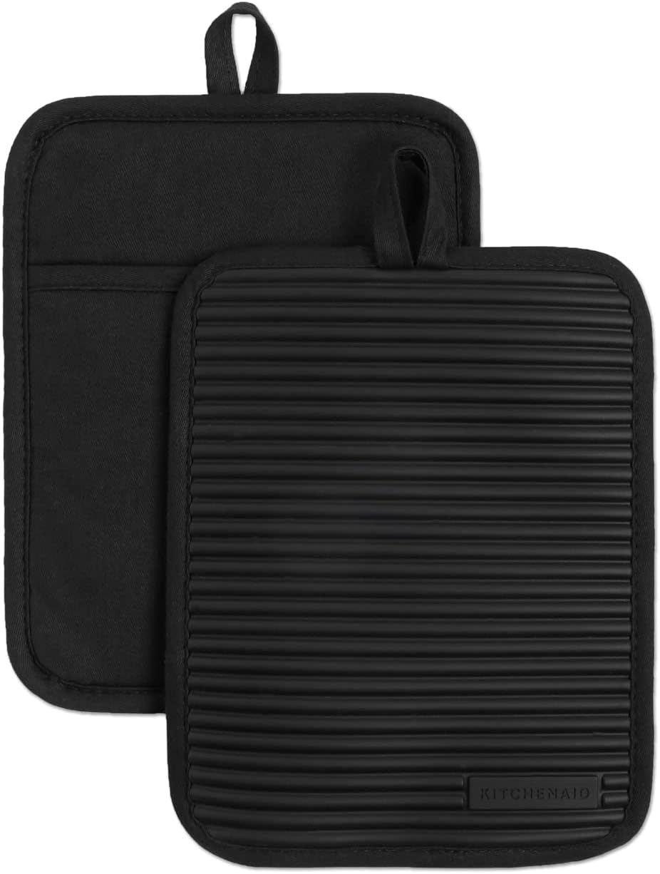Kitchenaid Ribbed Soft Silicone Water Resistant Pot Holder Set, Onyx Black, 2 Piece Set - Beet image number 3