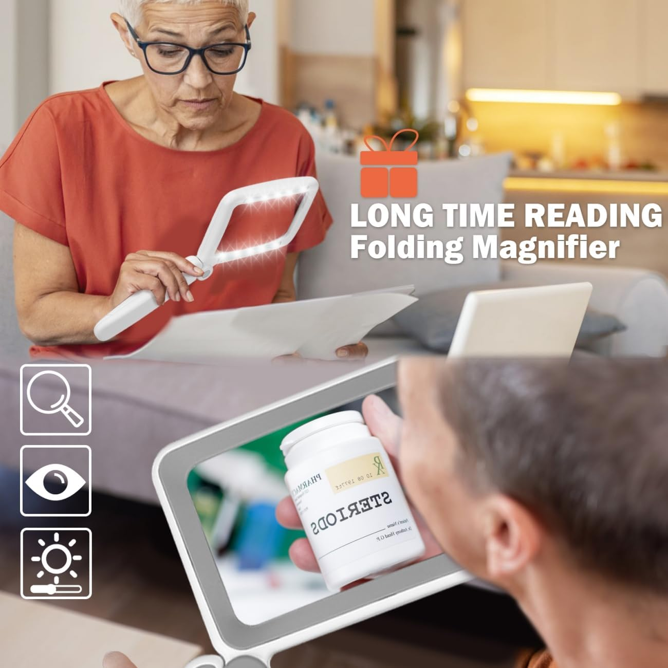 Rechargeable Magnifying Glass with Light for Reading, 5X Large Page Magnifier with LED Lighted for Seniors Low Vision, Folding Handheld Lightweight Rectangle Magnifier for Reading Book Small Print image number 3