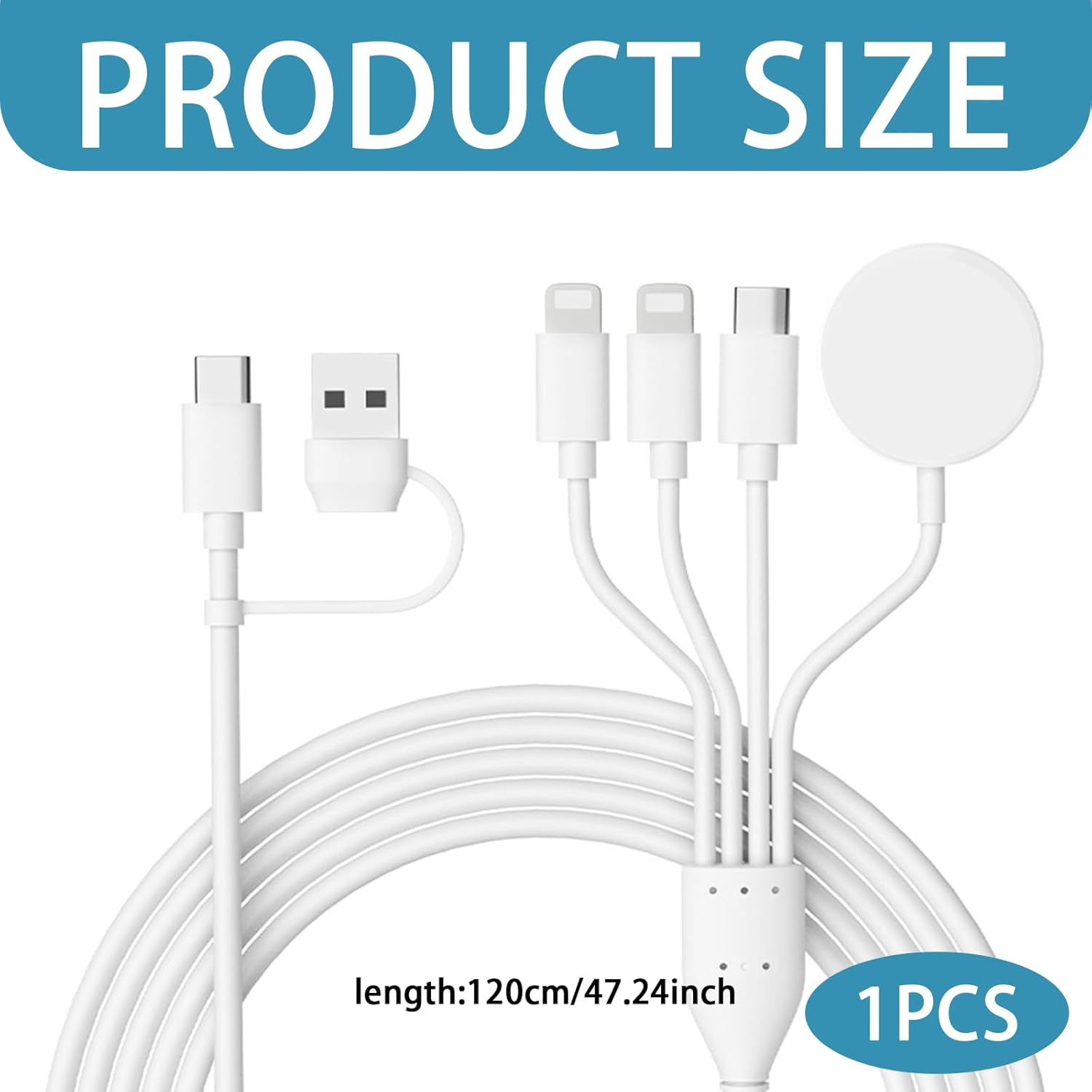 4 in 2 Multi Charging Cable, Fast Charger round Double Lightning Head Compatible with Apple Watch Charger,Iphone Charger USB C,Iphone 15 14 13 12 11 Lightning and USB C Models, Samsung Phone (White) image number 3