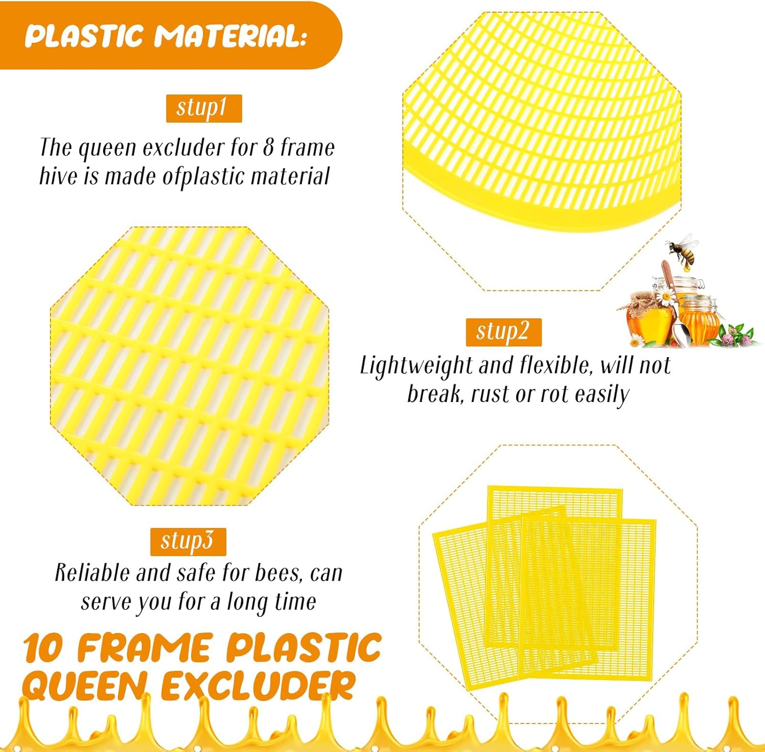 Rtteri 10 Pcs 8 Frame Plastic Queen Excluder Queen Bee Excluder for Bee Hive Beekeeping, Separating Queen Bees from Honey, Beekeepers Looking to Harvest Honey (Yellow,8 Frame) image number 6