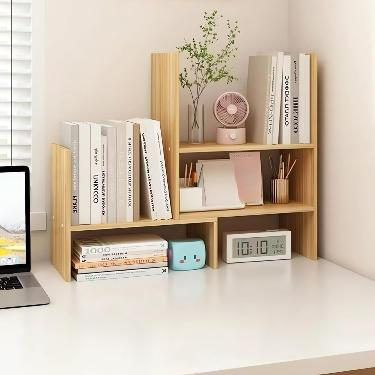 Desktop Bookshelf Organiser, Wood Bookcase, Office Desk Storage Shelf, Adjustable Width 36-72 Cm Bookshelves A292 (E Wood) image number 3