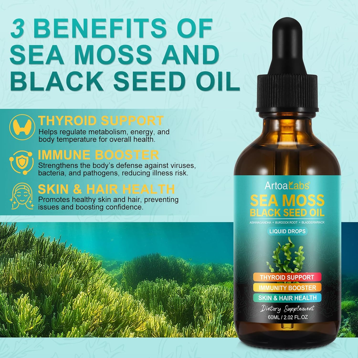 Organic Sea Moss Liquid Drops with Black Seed Oil, Ashwagandha, Burdock Root & Bladderwrack | Non-Gmo, Vegan | 60Ml image number 3