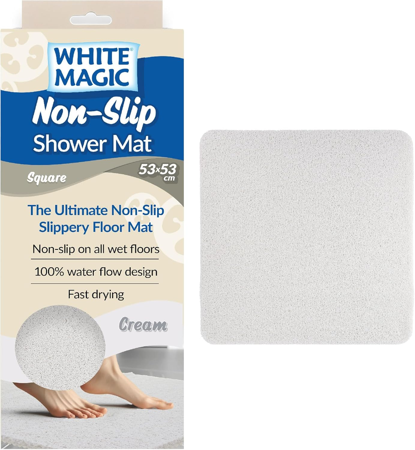 White Magic Non-Slip Shower Mat Square, 53X53 Cm, Anti-Slip, Fast Drying, 100% Water Flow, Durable & Machine Washable &ndash; Ideal for Small Showers, Bathtubs, Bathrooms, and Boats (Platnium)
