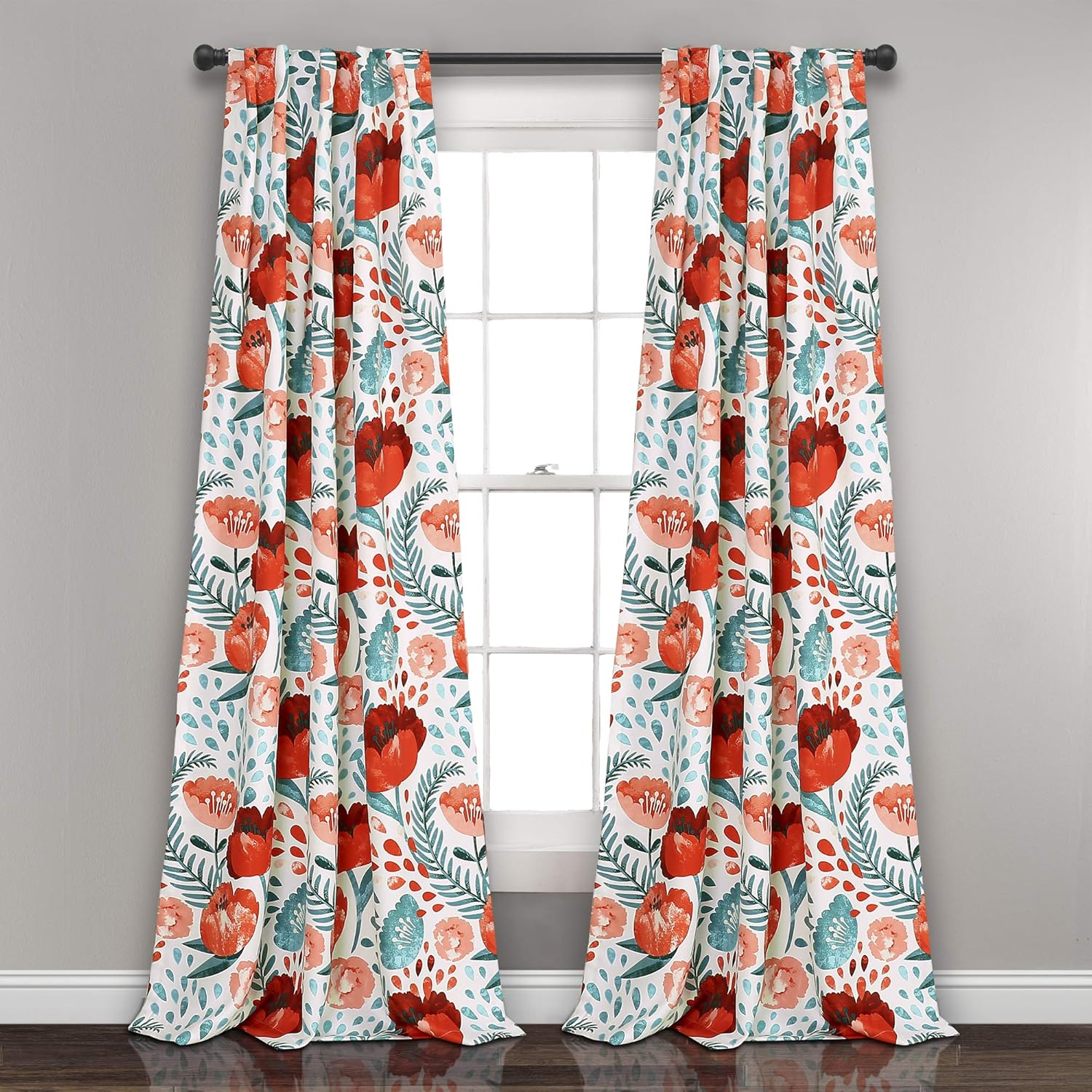Lush Decor, 95" X 52", Multi Poppy Garden Curtains Room Darkening Window Set for Living, Dining, Bedroom, 95 in L Panel Pair
