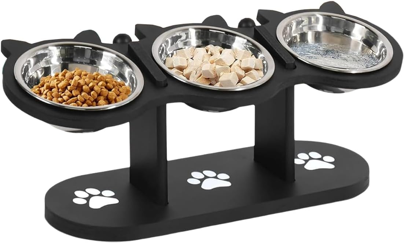 AIMALL 3Pcs Adjustable Pet Feeder, Wooden Cat and Dog Food Bowl Stand with Stainless Steel Bowls, Elevated Feeding Rack for Pets, 16.53X6.29X6.06 Inch Durable Dining Table image number 4