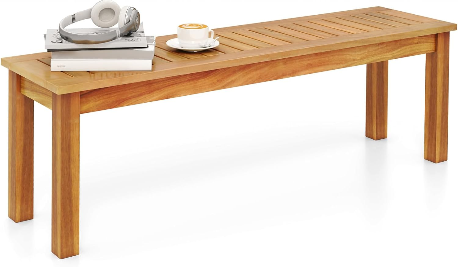 Acacia Wood Outdoor Bench, Patio Bench W/Slatted Seat & Solid Wood Legs, Outdoor Wooden Backless Bench for Entryway, Backyard, Porch, Garden, Natural Teak Color (Style 1) image number 2