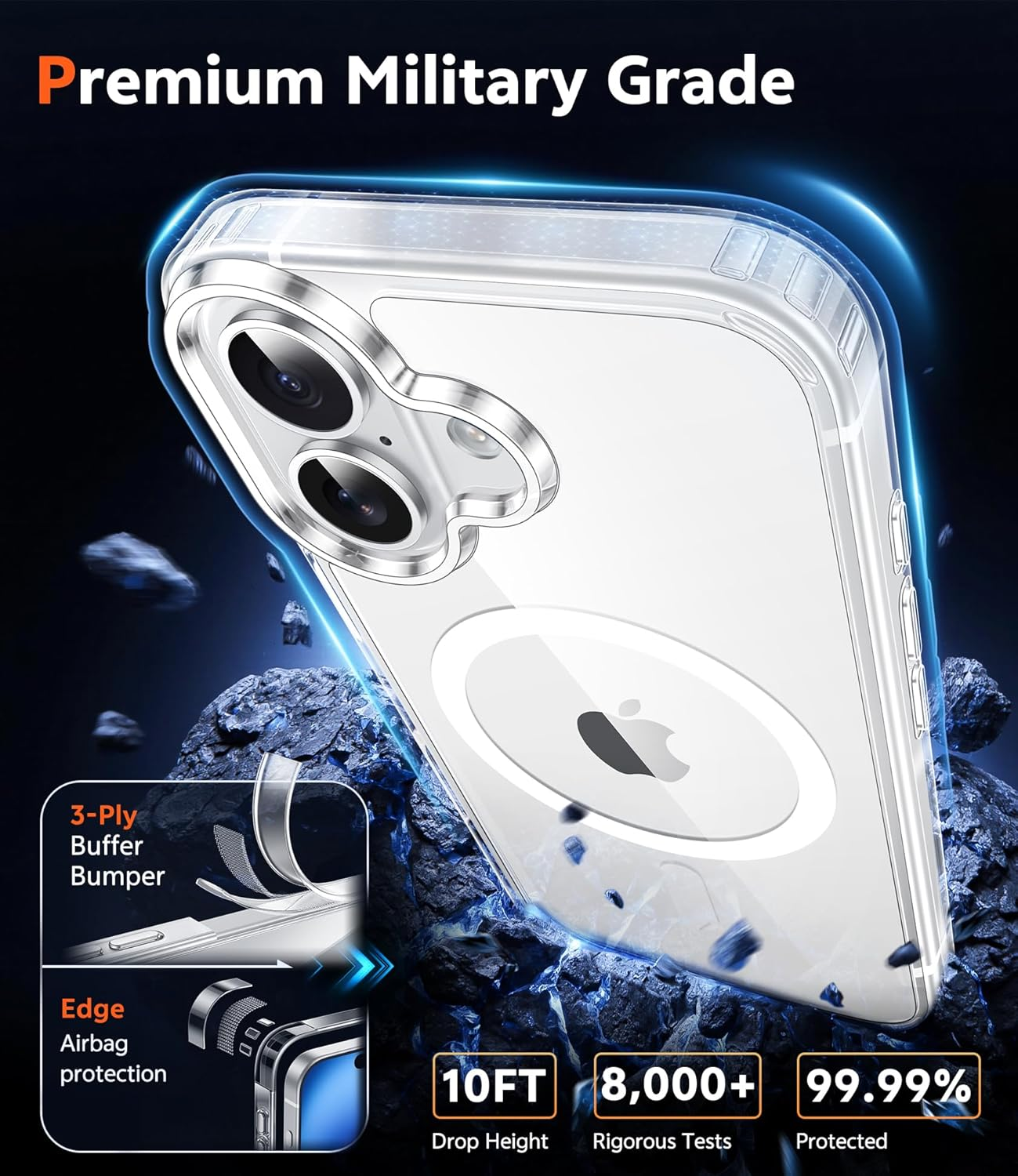 FNTCASE for Iphone 16 Case: Clear Magnetic Military Grade Drop Protection anti Yellowing Slim Case - Rugged Shockproof Protective Transparent Cell Phone Cover(Clear) image number 2