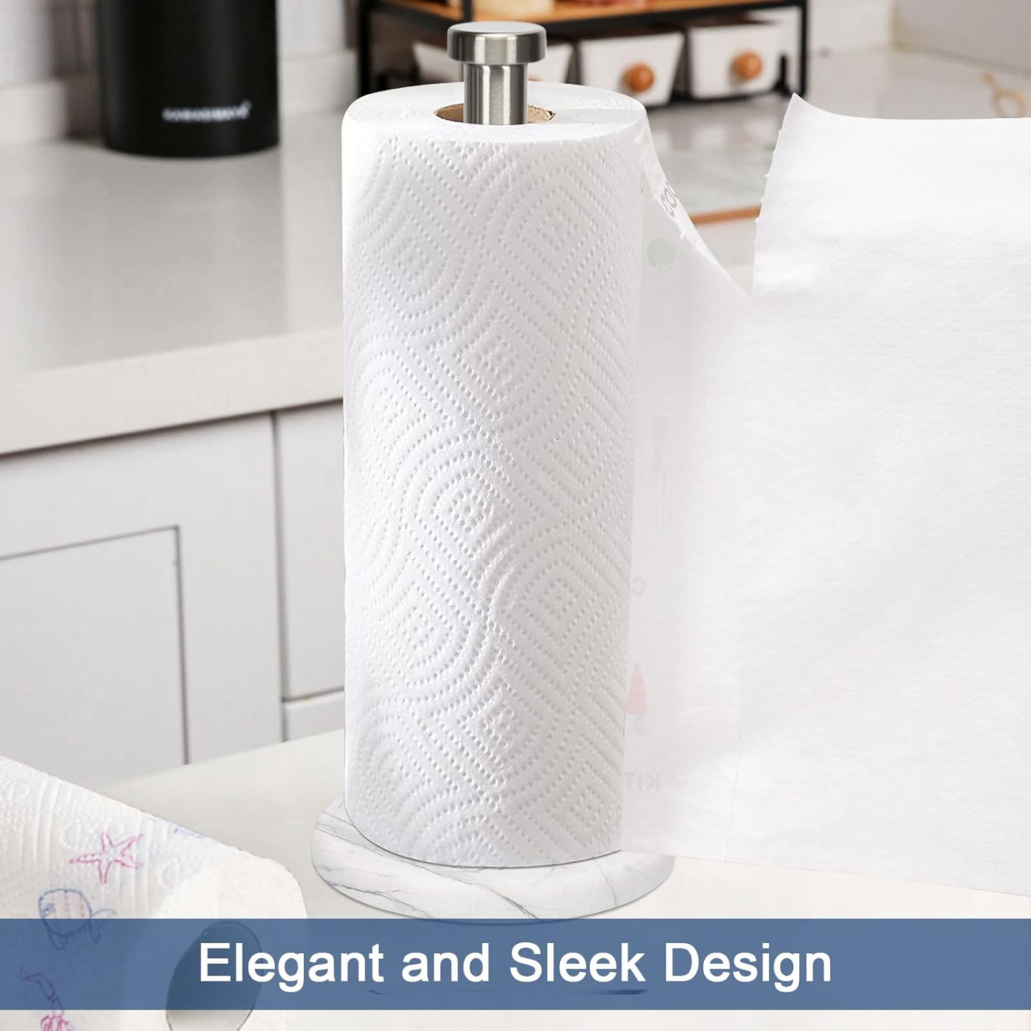 Nearmoon Standing Paper Towel Holder, Kitchen Paper Towel Tissue Holder- for Bathroom Kitchen Countertop, Standard or Jumbo-Sized Roll Paper (With Marble Base, Brushed Nickel) image number 1