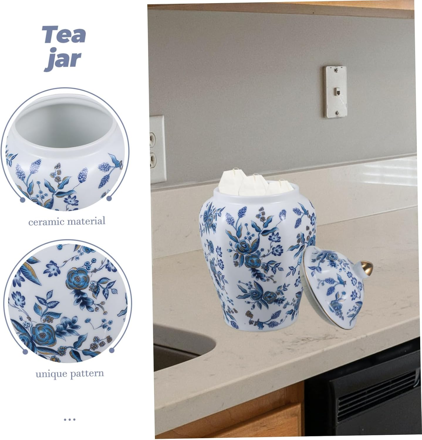 LABRIMP Blue and White Porcelain Sealed Tea Jar Lid Ceramic Storage Canister for Tea Food and Snacks Portable Size for Home Kitchen Use image number 4