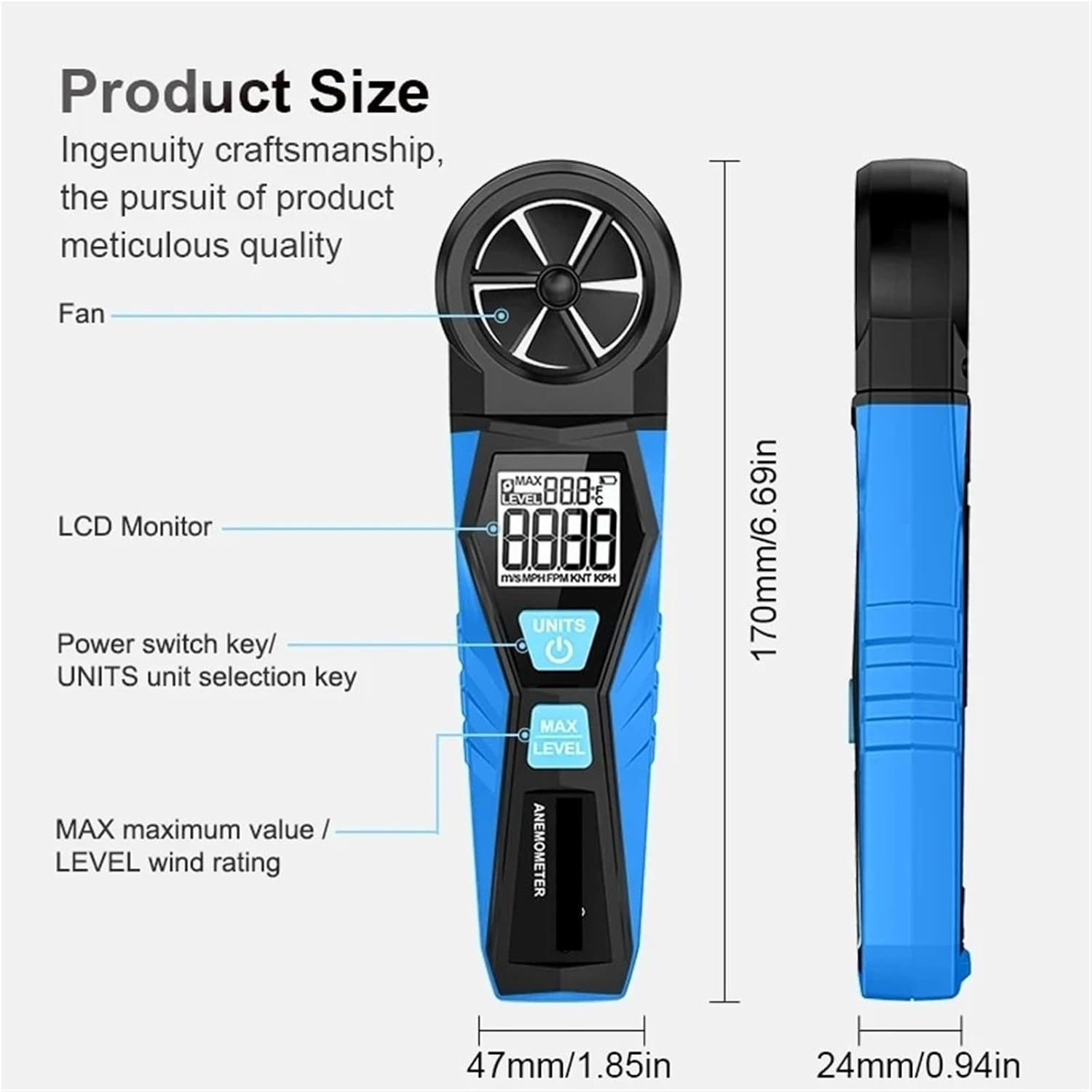 LCD Digital Anemometer Handheld Wind Speed Meter 360 Rotation for Uring Wind Speed, Wind Direction and Temperature image number 5