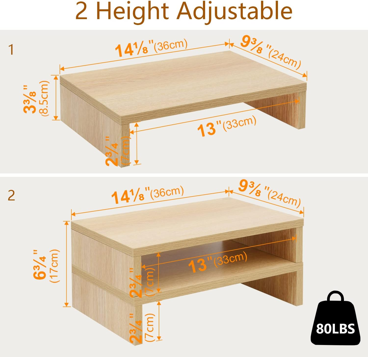 TEAMIX Wood Monitor Stand Riser-2 Pack,Maple Adjustable Monitor Stand Dual Monitor Riser for 2 Monitors/Laptop/Pc Computer Stand for Desk - Maple image number 2