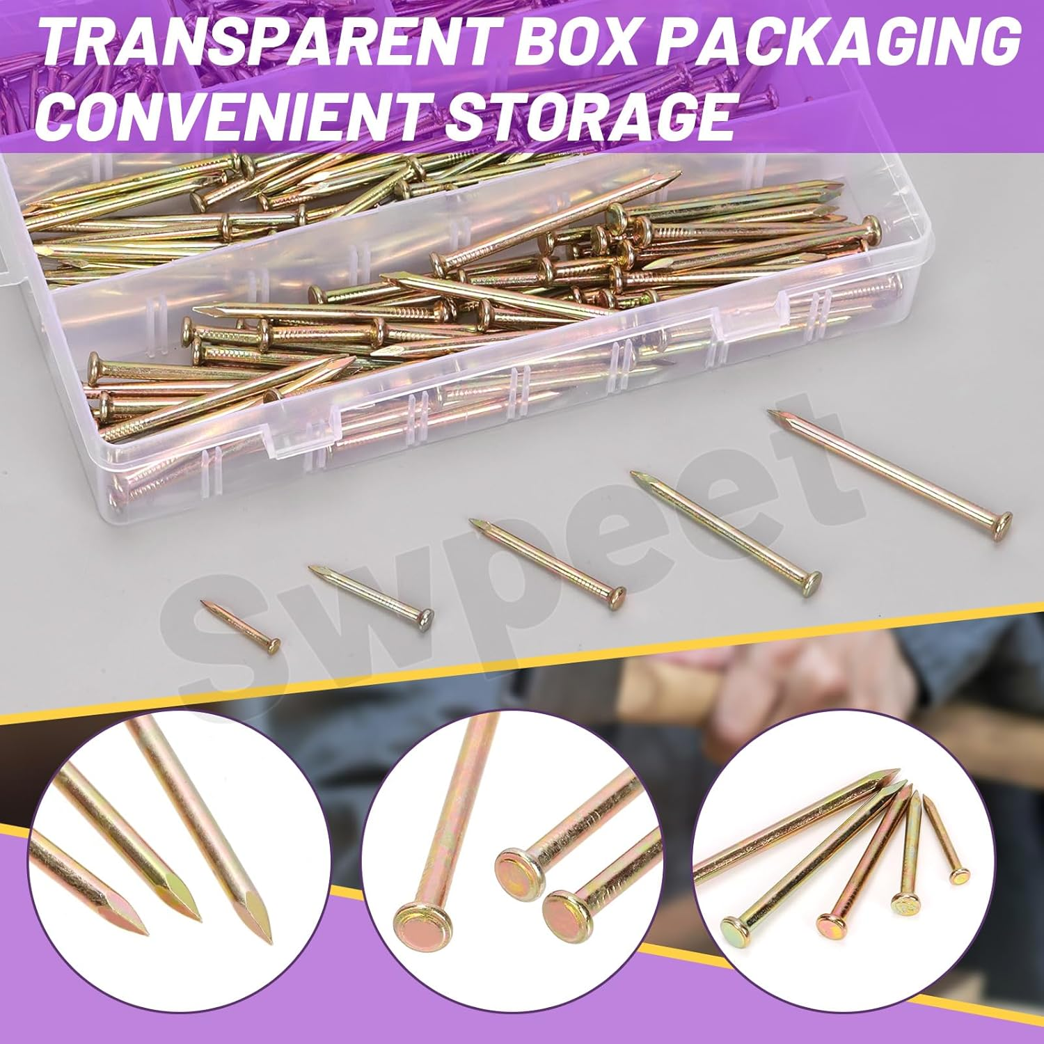 Swpeet 300Pcs 5 Sizes 3/4" 1-1/4" 1-3/5" 2" 2-3/8" Colored Zinc Hardware Nails Assortment Kit，Steel Nail, Galvanized Nails, Small Nails, Finishing Nails, Wall Nails, Wood Nails, Nails for Concrete