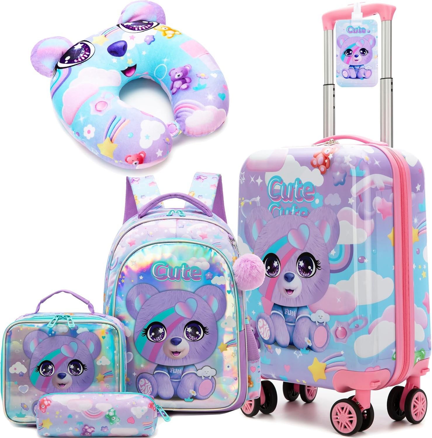 Homskiii Kid'S Luggage Set 5 Piece Suitcase Set 16" Hardside Luggage with Spinner Wheels Girls Boys Carry on Rolling Suitcase, a Bear, 16Inch