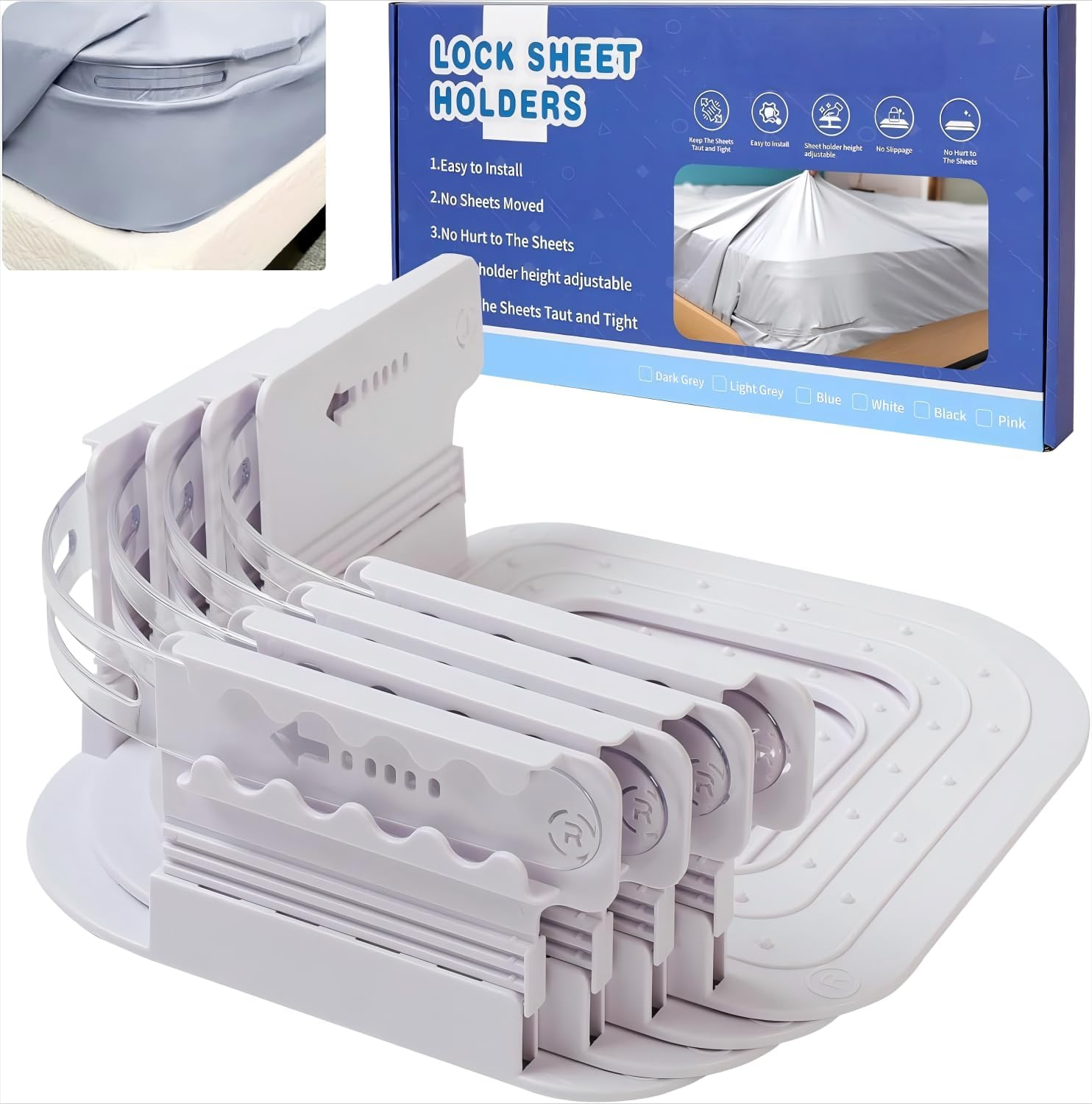 Bed Sheet Holder, Fitted Sheet Holder, Lock Bed Sheet Clips and Fasteners, Sheet & Pillowcase Sets, No More Loose Sheets, Easy Installation (White)
