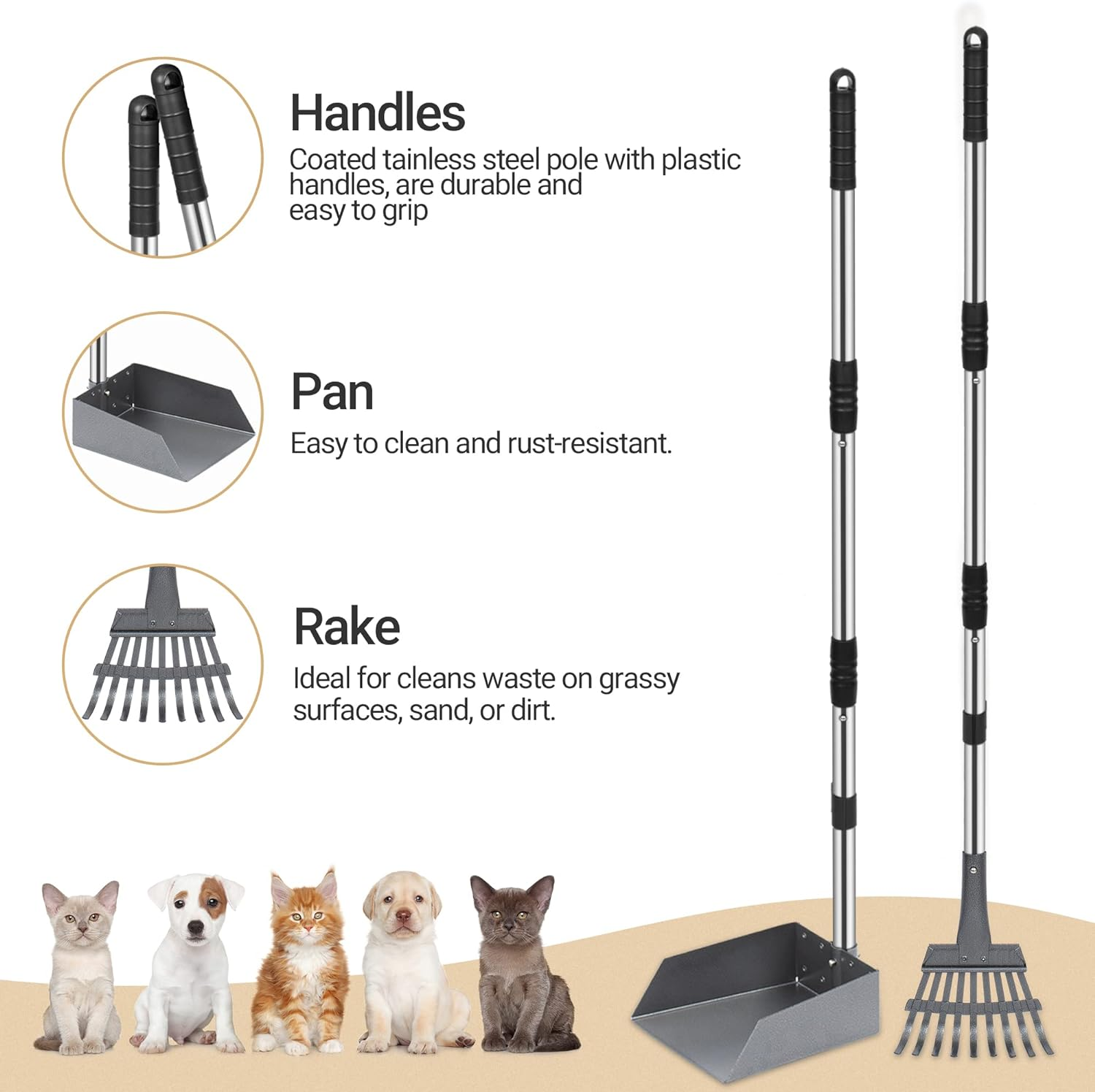 Heeyoo Upgraded Dog Poop Tray and Rake Set, Pet Waste Removal Scoop with 37.8 Inches Long Adjustable Sectional Stainless Handles image number 2