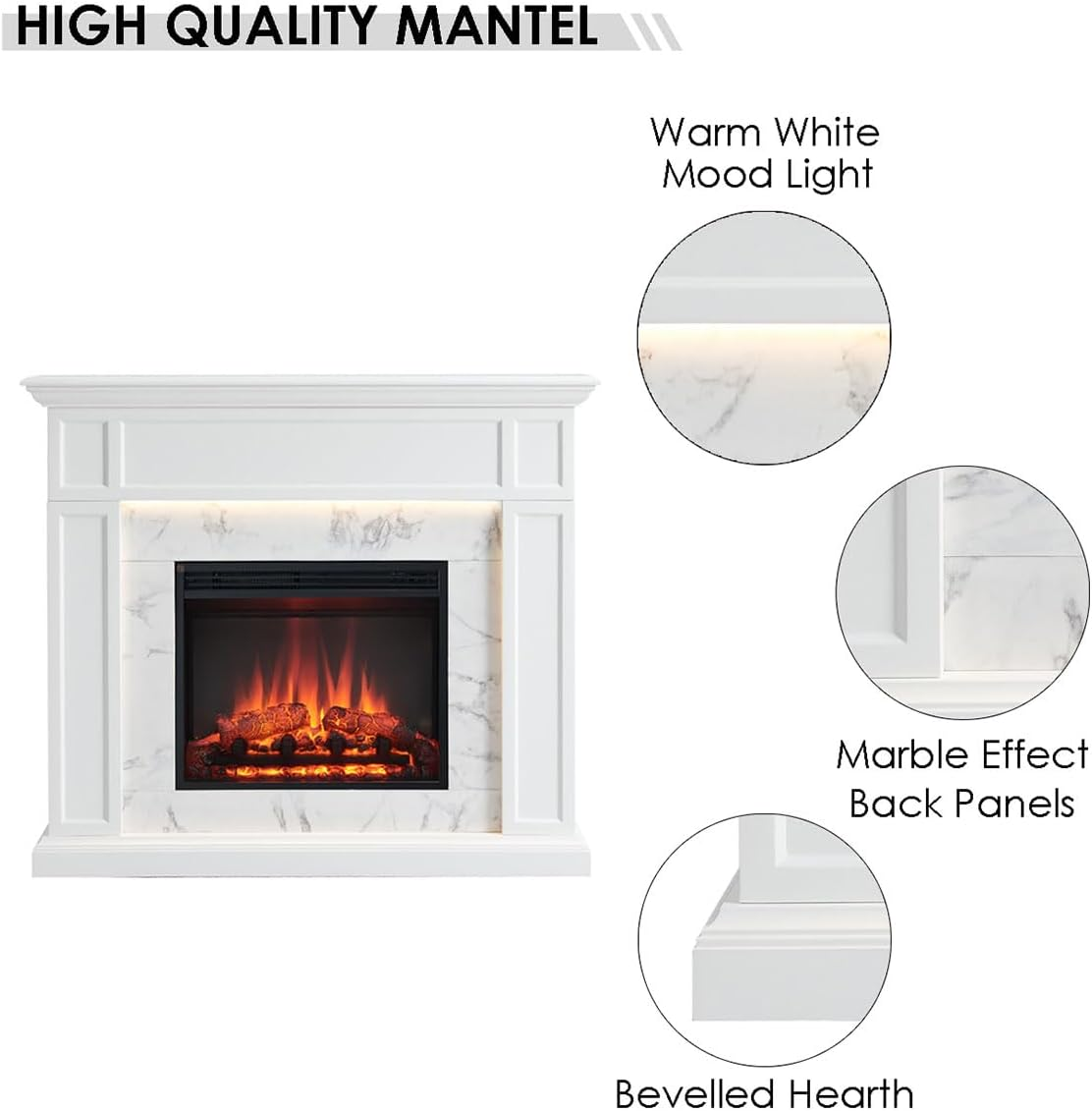 Modaliving Pearl 2000W Electric Fireplace Heater Mantel Suite Marble Veneer Finish Remote Control Timer Adjustable Flame (White)