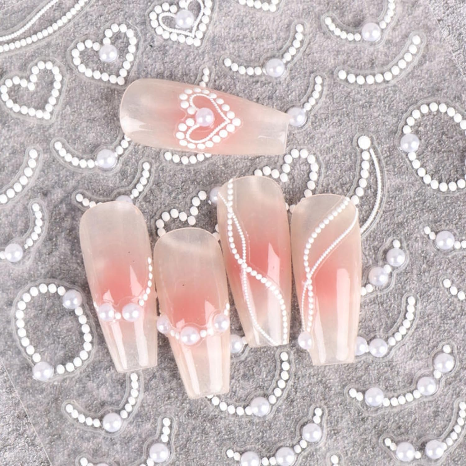 4 Sheets Pearl French Nail Art Stickers 3D Self-Adhesive Nail Decals Design, Wavy Line Heart Nail Decoration Holographic Elegant Chains Nail Sticker Manicure Tips Supplies Nail Decal (White) image number 1