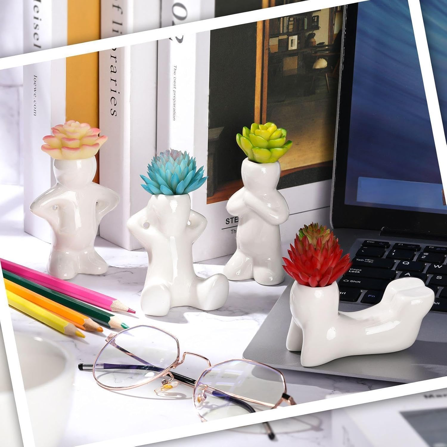 Potchen 4 Pieces Ceramic Air Planters Holder People Head White Cute Table Top Display Planters for Air Plants Lovers DIY Decoration Home Office Holiday (Twin Style)