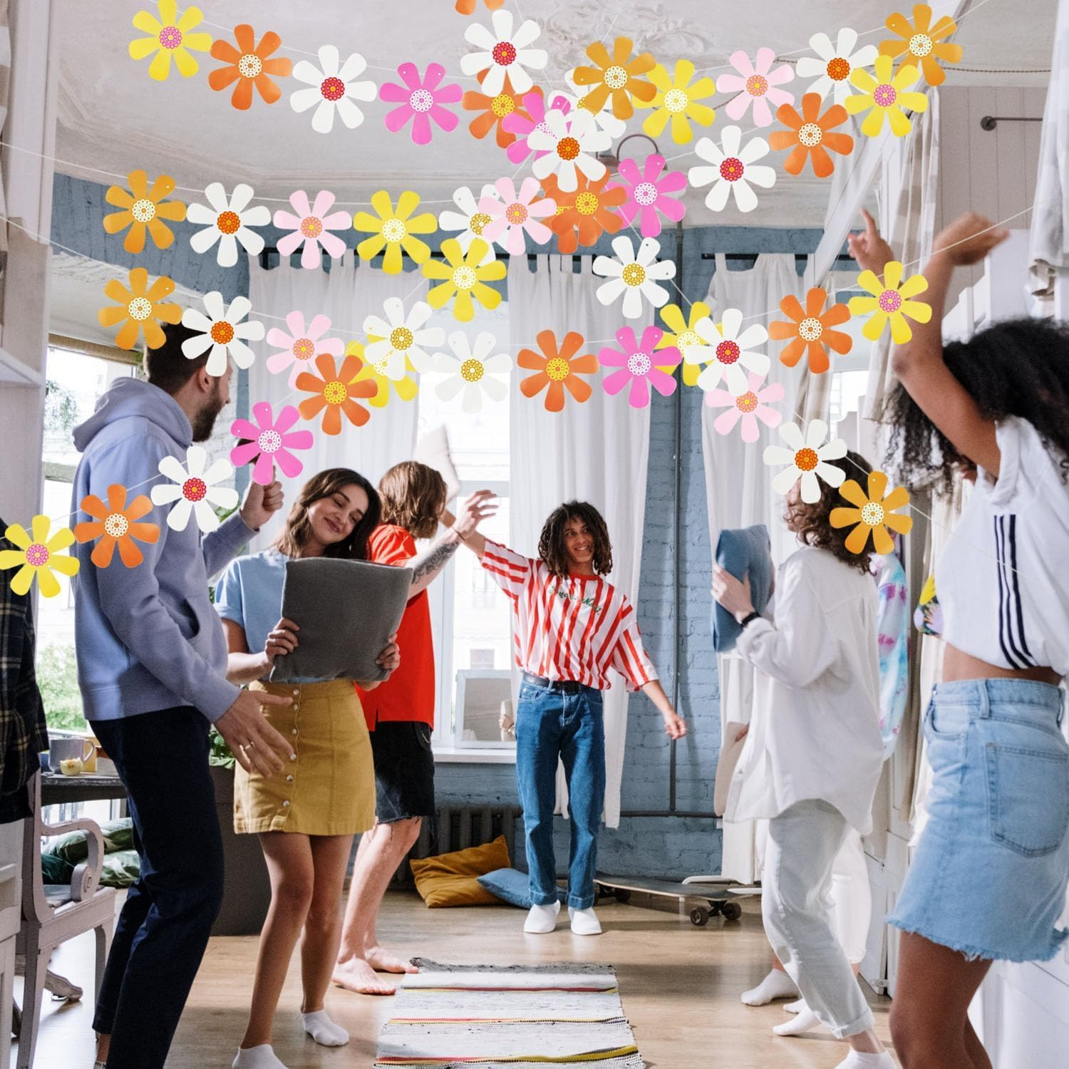 Daisy Party Banner,4 Strings Daisy Groovy Boho Party Banners,Groovy Party Favors White Daisy Decor Spring Flower Garland Daisy Paper Cutouts (Mixing Colors) - Pink image number 3