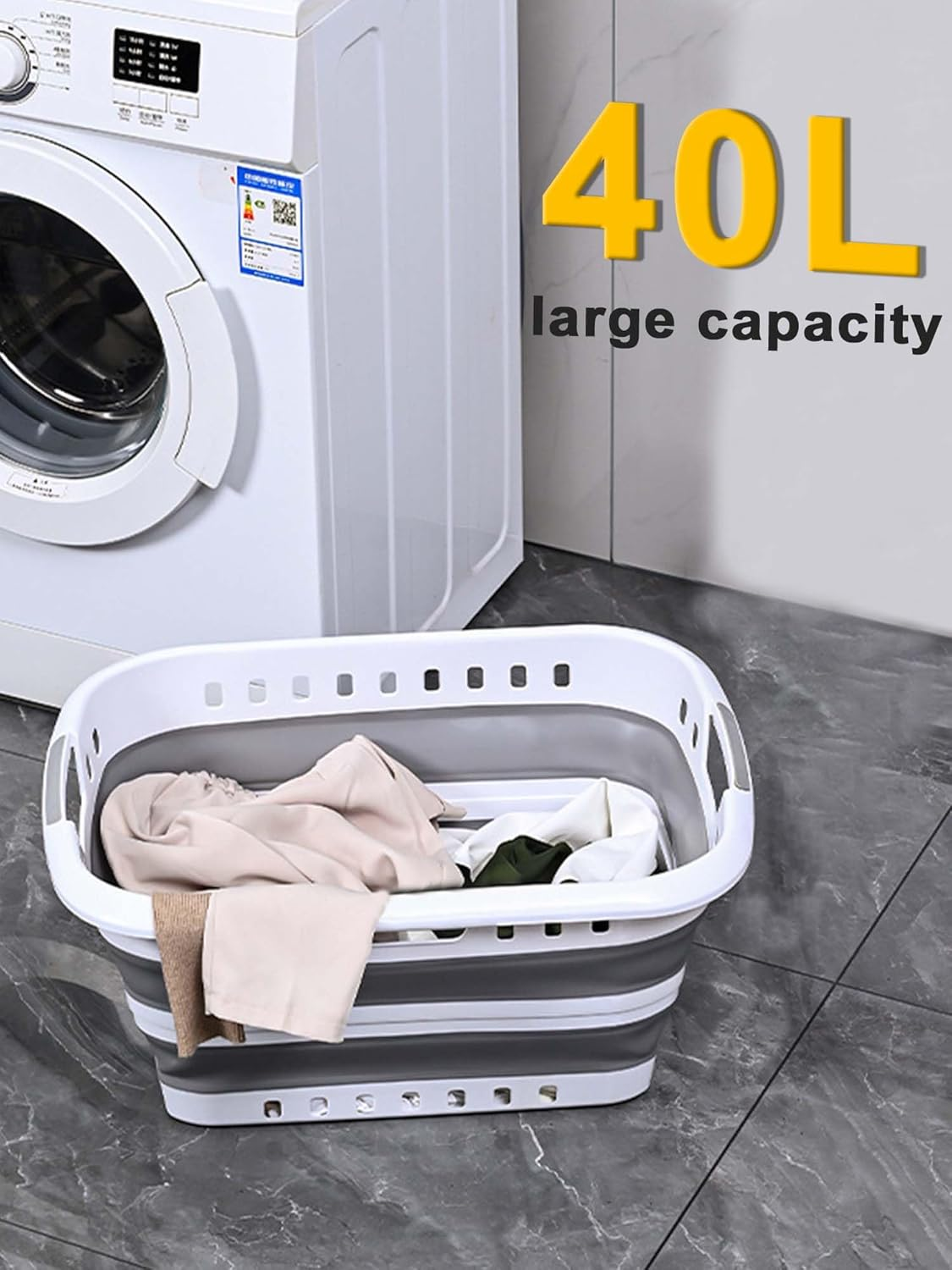Laundry Basket 40L - White and Blue Space-Saving, Collapsible Storage Laundry Hamper - Foldable Pop up Laundry Basket for Home, Flats, and Apartment Use
