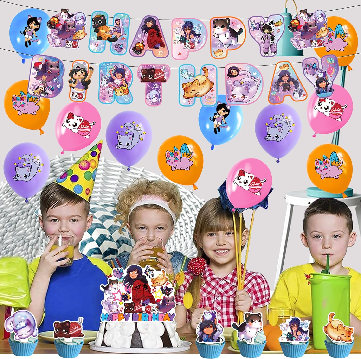 Aphmau Cat Birthday Party Decoration - Cat Balloons, Plushies, Cake Topper, Garland