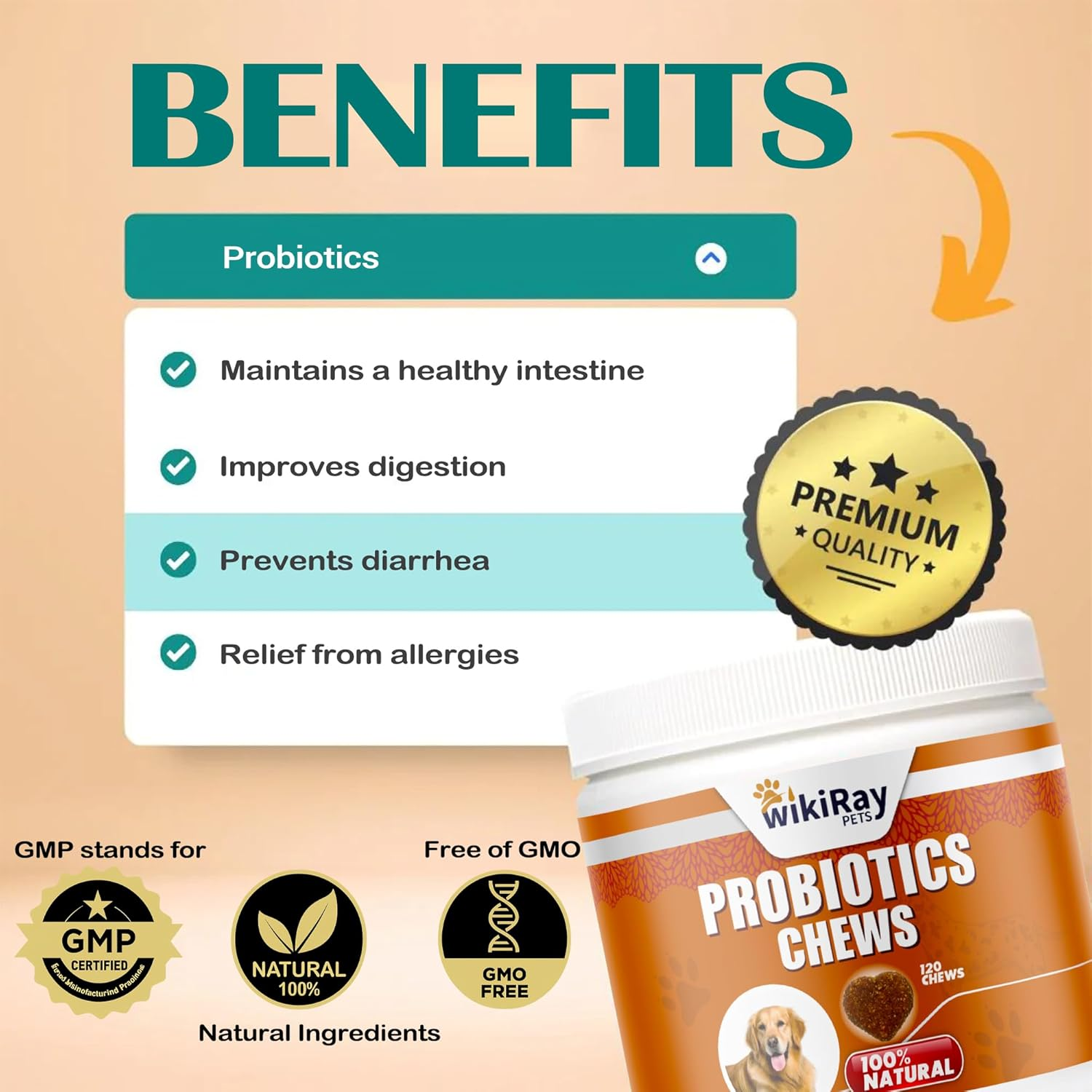 Wikiray Probiotics for Dogs &ndash; Soft Chews for Digestive Health & Immunity | 120 Chews | 3 Billion CFU, Pumpkin, Enzymes, Vitamins & Prebiotics | Made with Natural Ingredients image number 3