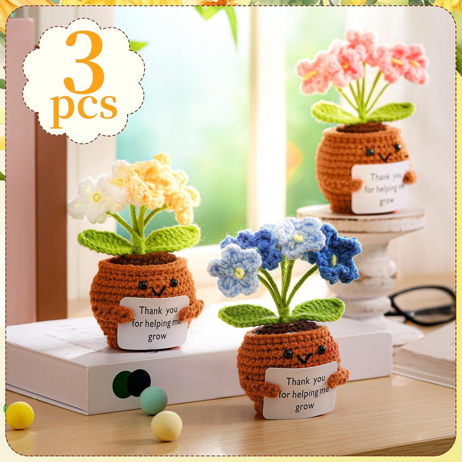 3 Pcs Teacher Appreciation Crochet Doll with Card Thank You for Helping Me Grow Teacher Thank You Presents for Birthday Home Office Decor(Forget Me Not) image number 2