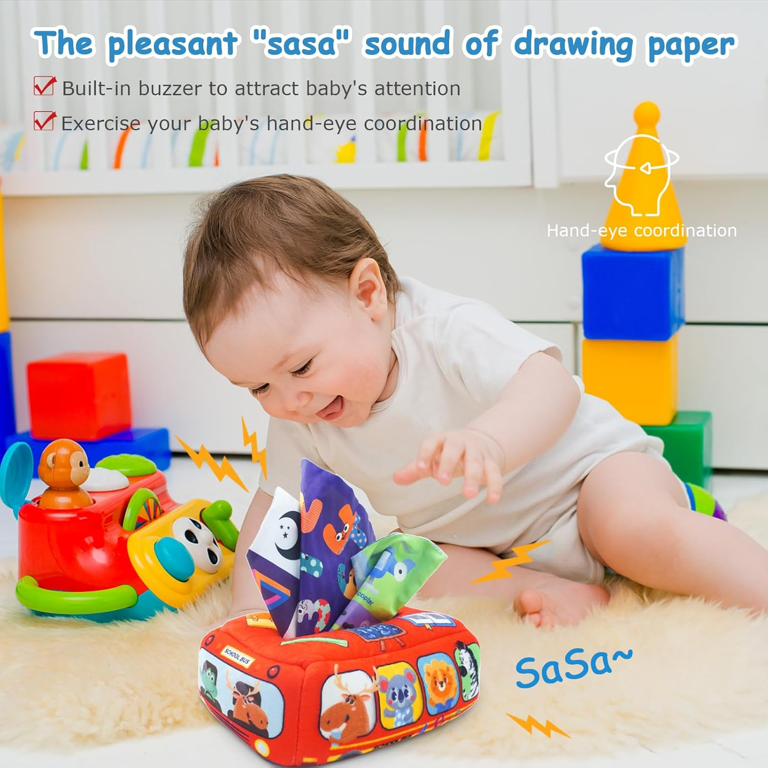 Lenamos Baby Toys 0-24Months, Tissue Box Toy Montessori for Babies 1-2 Year Old Toddlers, Soft Stuffed High Contrast Crinkle Infant Sensory Toys, Boys&Girls Kids Early Learning Newborns Gifts