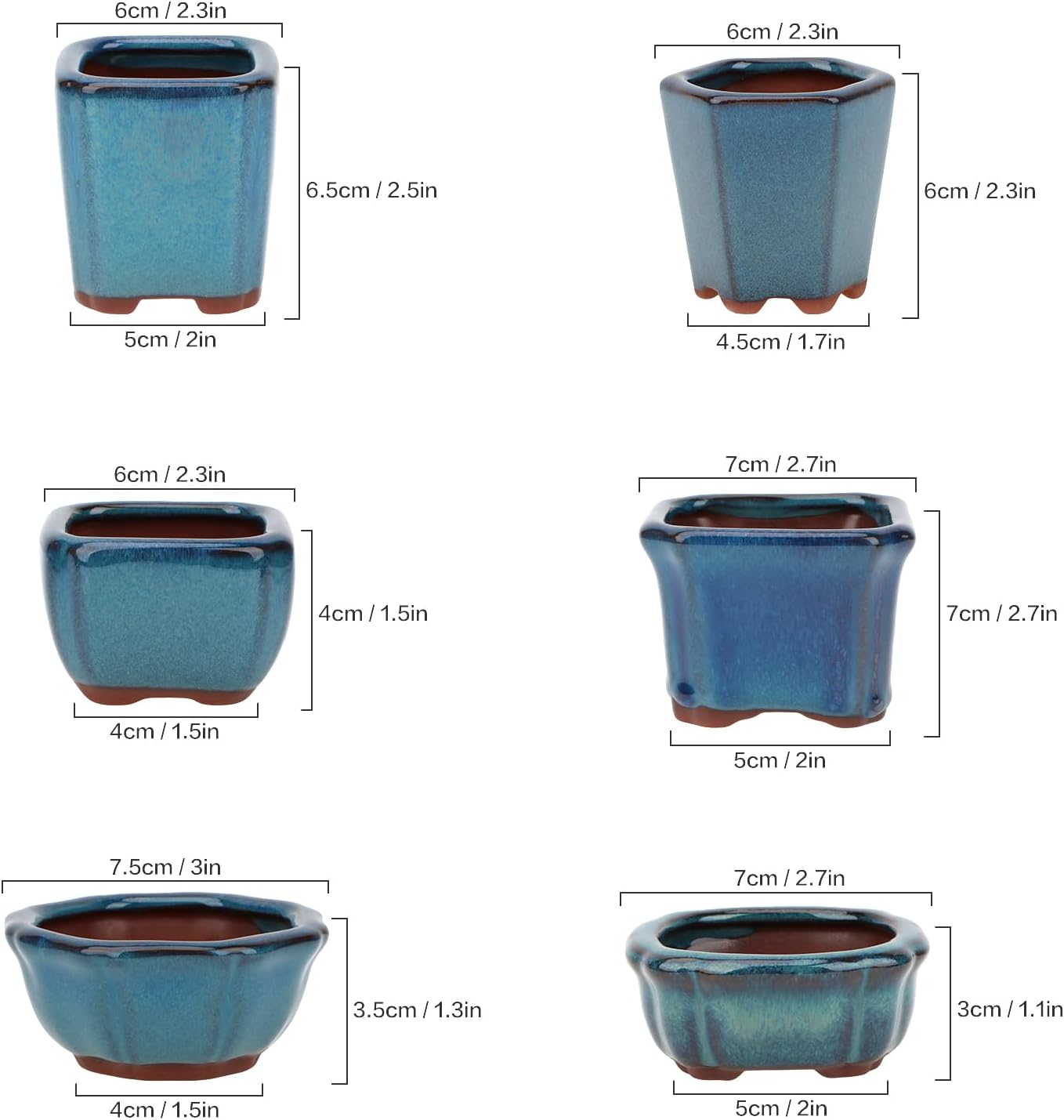 Happy Bonsai 6 Pc Mini Glazed Pots Value Set + 6 Soft Mesh Drainage Screens image number 3