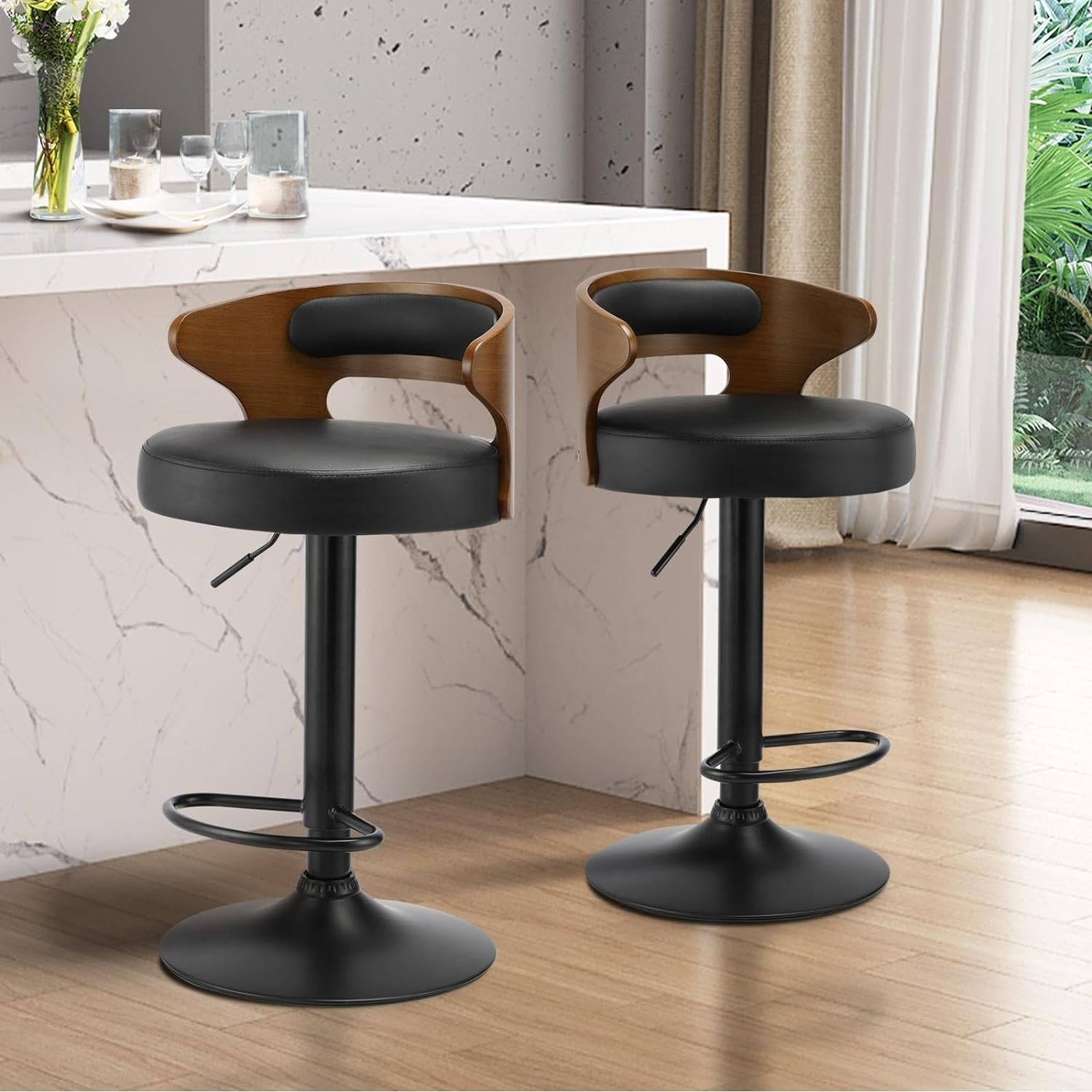 Oikiture Bar Stool Set of 4 Home Kitchen Barstools with PU Leather Seat and Gas Lift Barstools in 57-77Cm Height and Footrest Swivel Chair Set for Home Bar Dining Room, Black image number 4