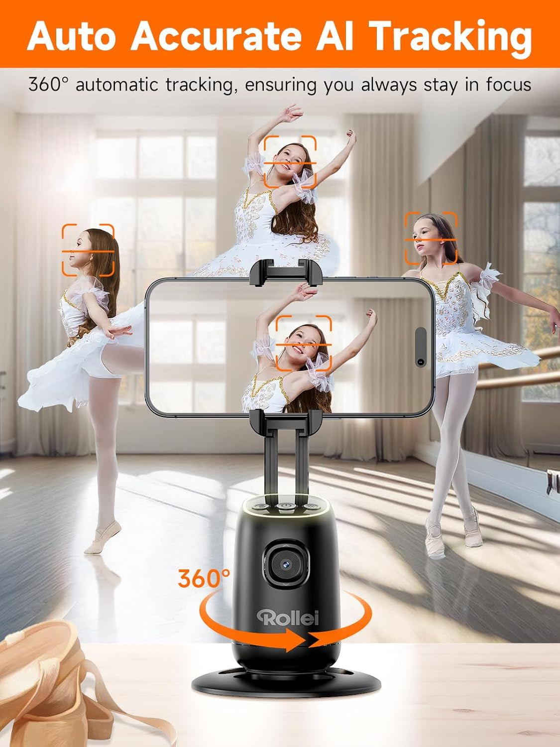 Rollei Easy Creator Desktop with AI Tracking Automatic Face Tracking Mobile Phone Tripods 360 Selfie Video Stabiliser for Filming with Built-In Battery for Live Streaming Video Recording Vlog image number 2