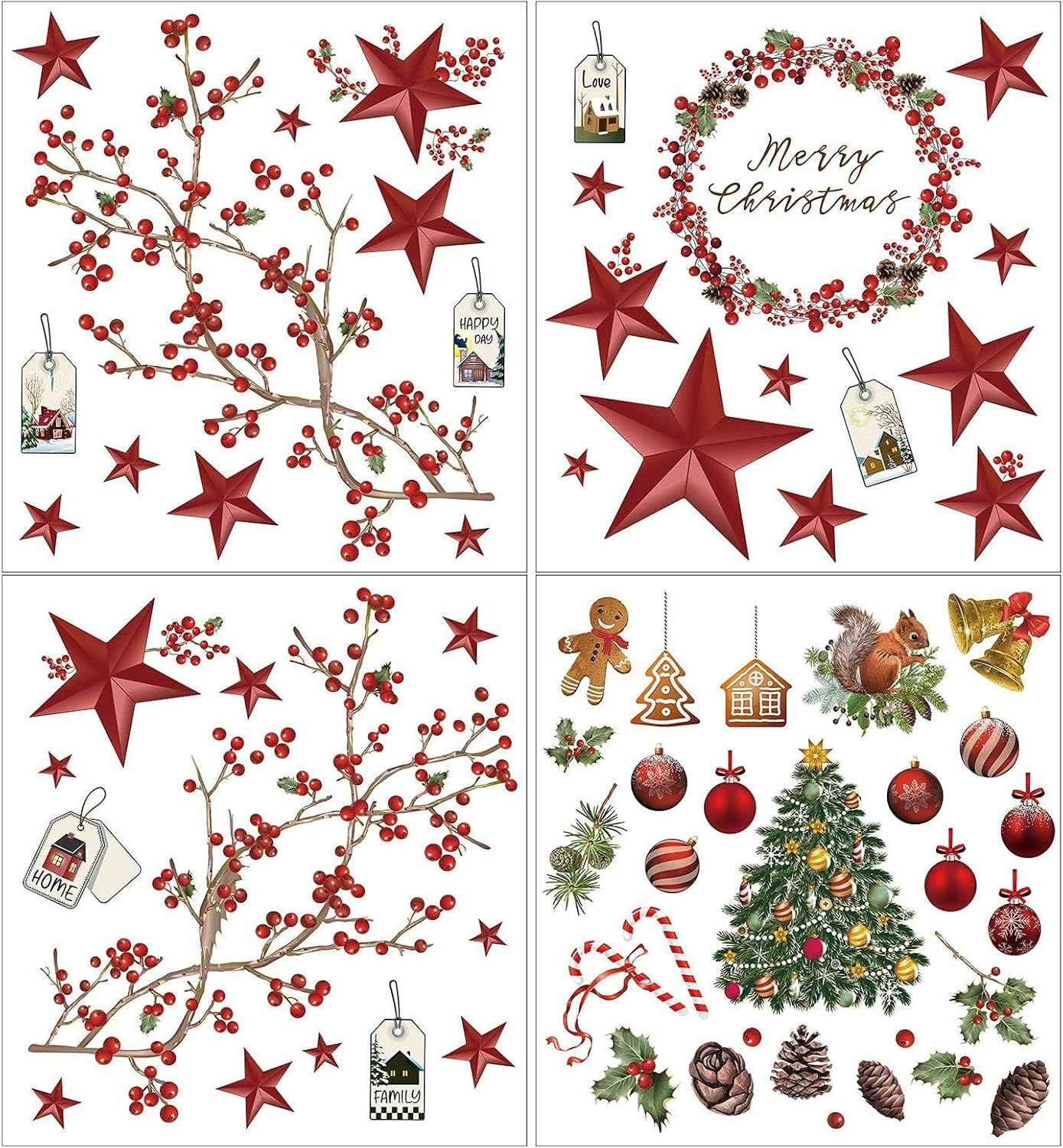 4 Sheets Christmas Wall Stickers Decals Removable Merry Christmas Window Walls Cling Tree Art Sticker Xmas Decoration image number 1