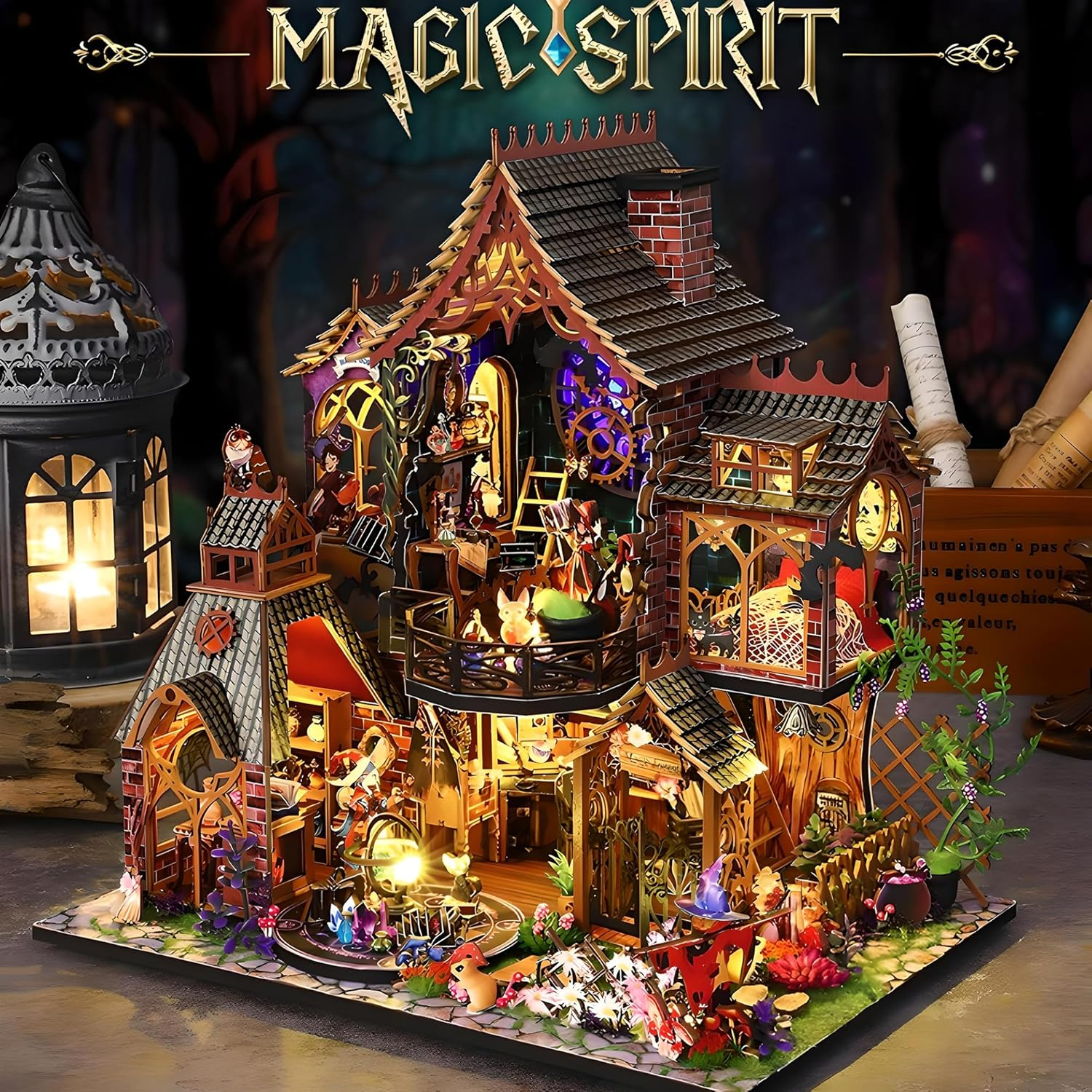 Magic Forest Book Nook Kit &ndash; DIY Enchanted 3D Woodland Miniature House with LED Lights, Wooden Bookshelf Insert Diorama Puzzle Model for Adults Craft, Fairy Garden Decorative Display