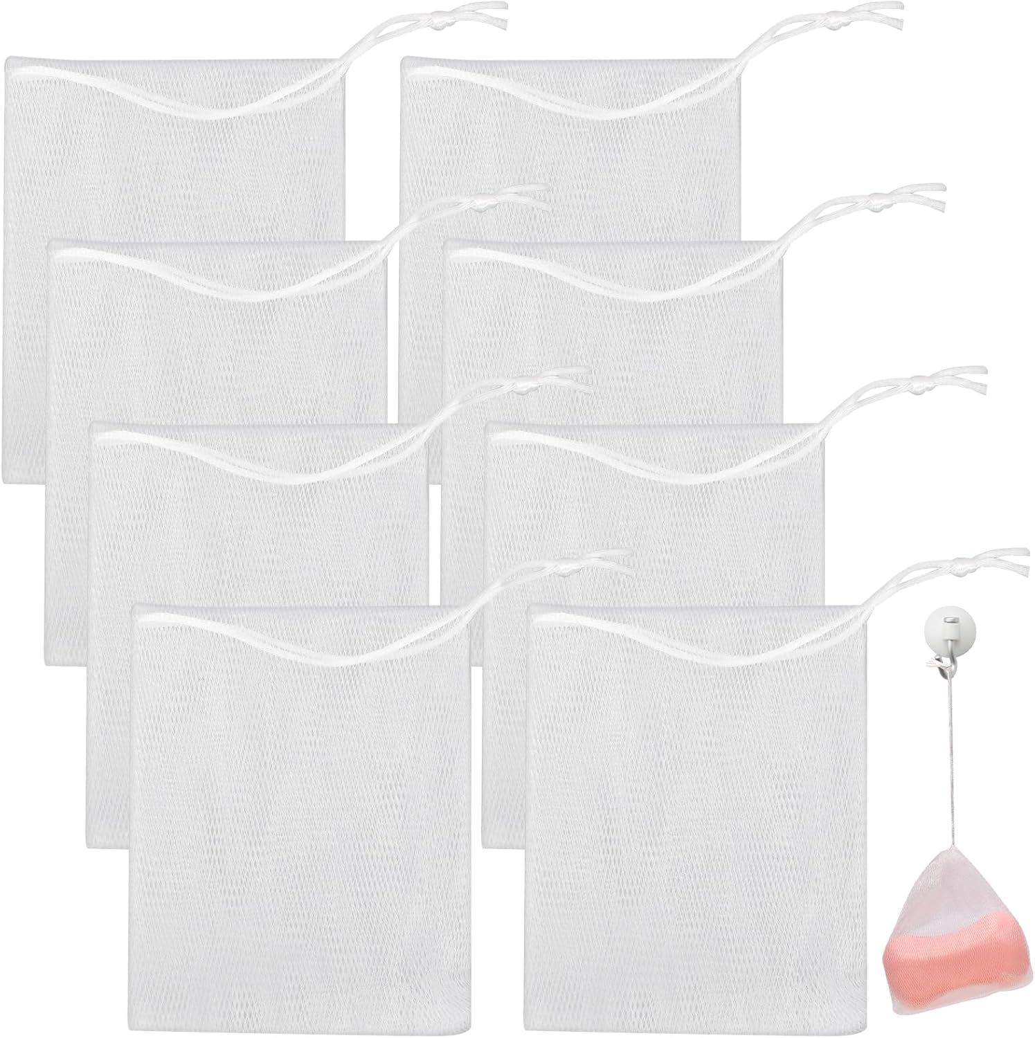 Mozeat Lens 8 PCS Exfoliating Mesh Soap Saver Pouch Bag Mesh Soaps Bag Handmade Soaps Bubble Mes H Net Bags with Drawstring Foaming Net Sack Bags for Bath & Shower image number 4