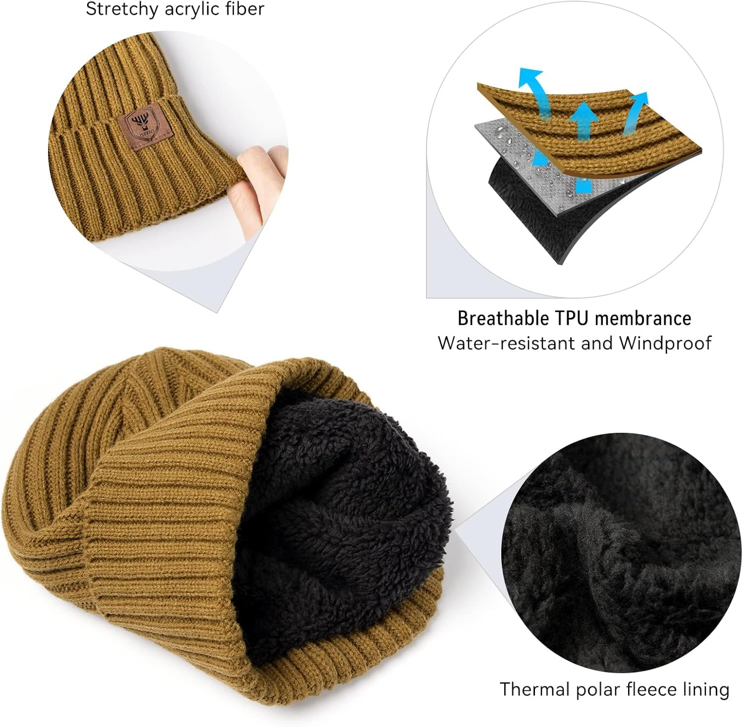 OZERO Winter Beanie Hat Warm Knit Skull Cap Thermal Thick Polar Fleece Snow Cap for Men and Women image number 3