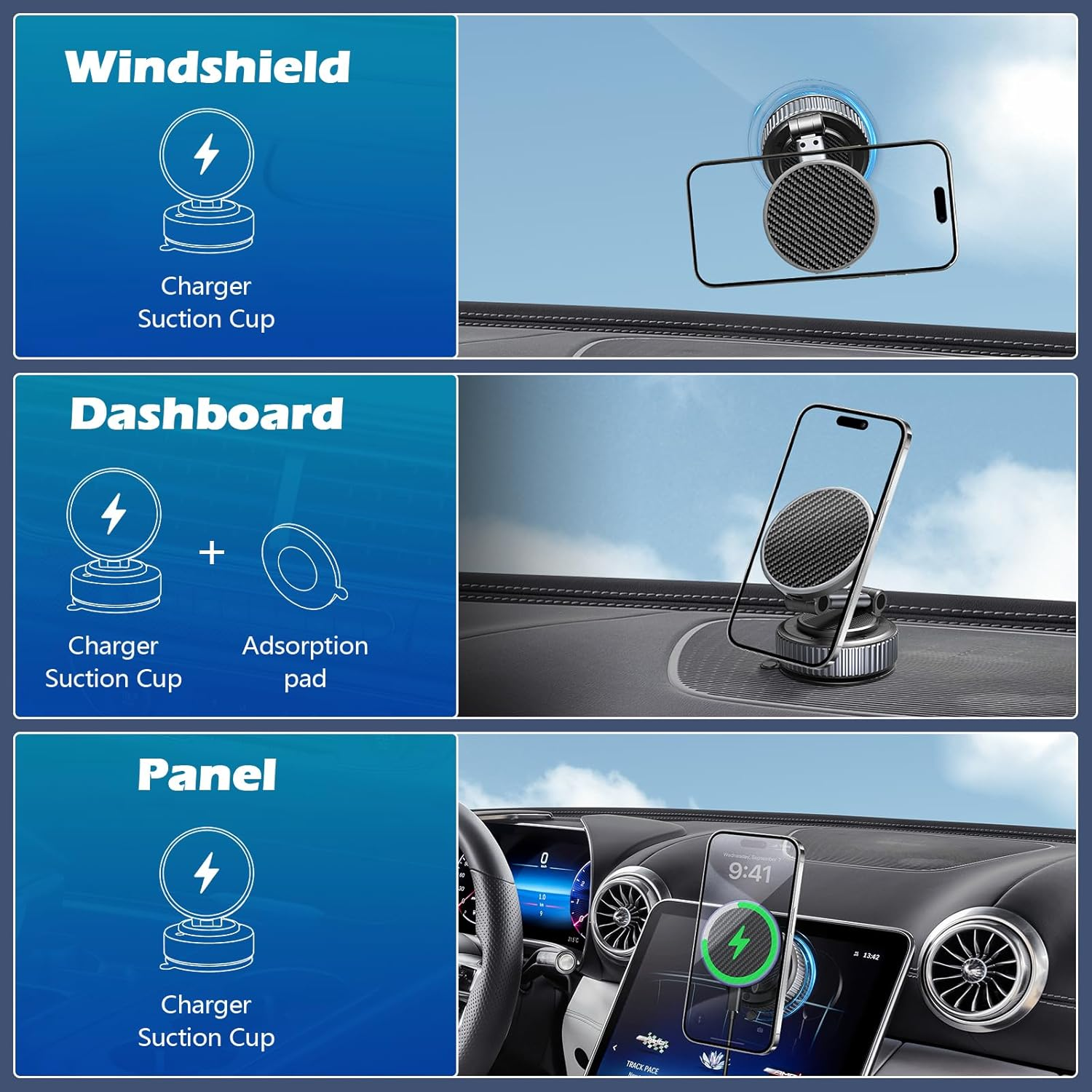 Cloudvalley 15W Wireless Charger Magnetic Car Mount Phone Holder Carbon Fiber, Dashboard/Windshield 360&deg; Adjustable Stand [Compatible with Magsafe] Wireless Charging Arm for Iphone 16/15/14/13/12