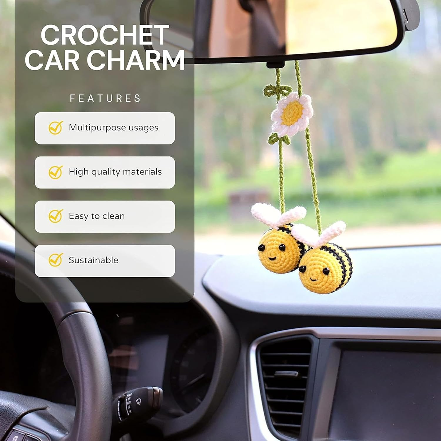 Knitted Car Decoration, Bee Handmade Crochet Car Ornament, Crochet Car Accessories, Cute Flower Knitting Pendant, Automotive Interior Decoration for Bee Lovers image number 2