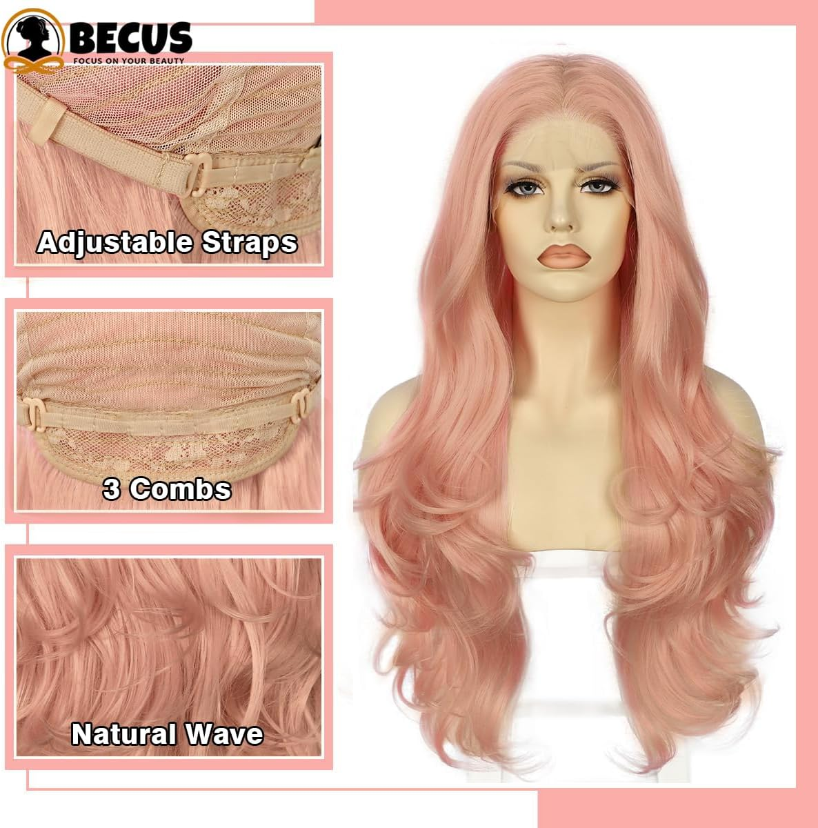 BECUS Pink Lace Front Wig Pre Plucked 13X3 Body Wave Wigs for Women Loose Curly Synthetic Lace Front Wig Wave Natural Hairline - Black image number 7