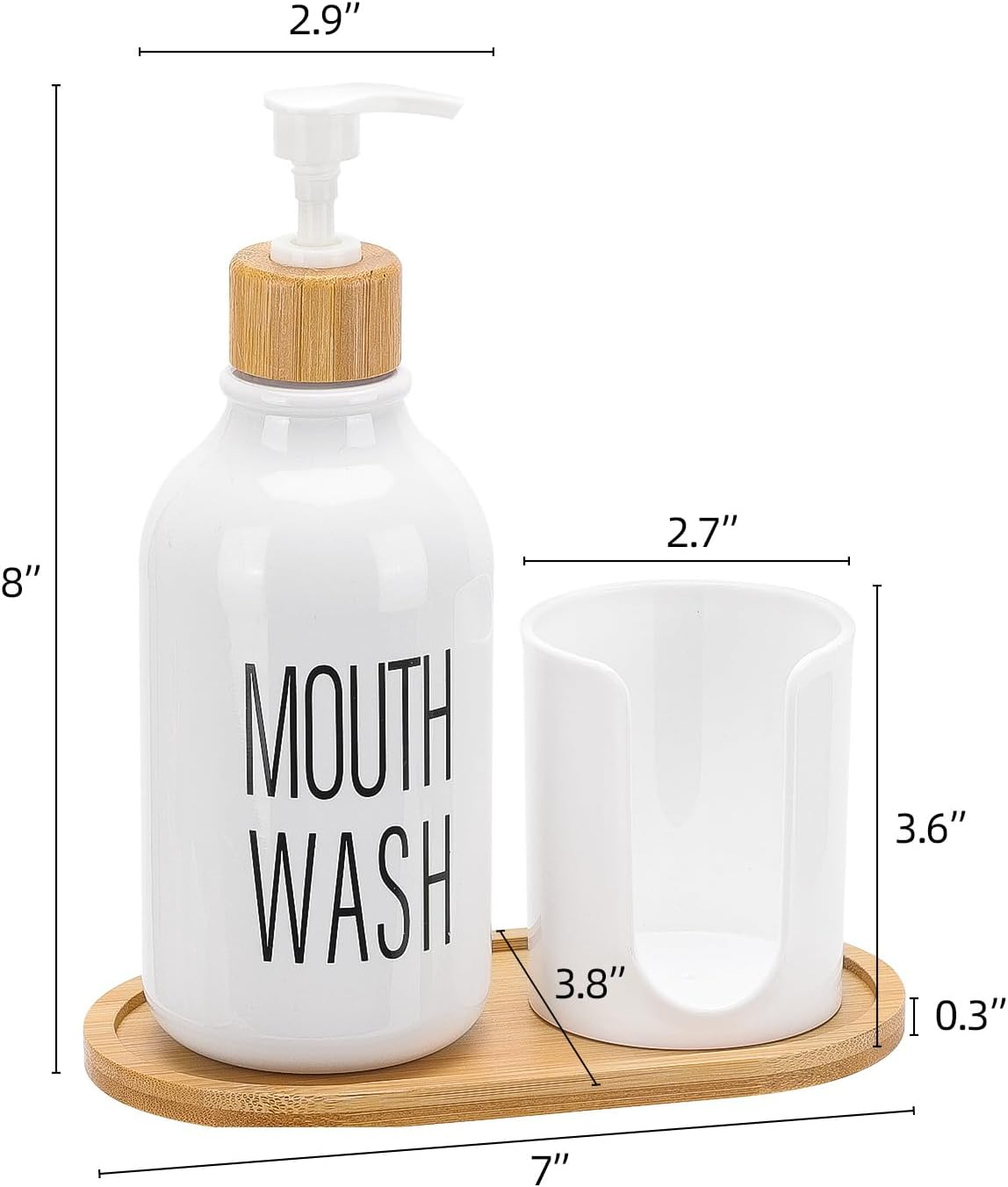 Mouthwash Dispenser with Cup Holder, Plastic White Mouth Wash Pump Bottle with Tray for Bathroom Organizers, 17Oz Refillable Clear Mouthwash Container image number 5