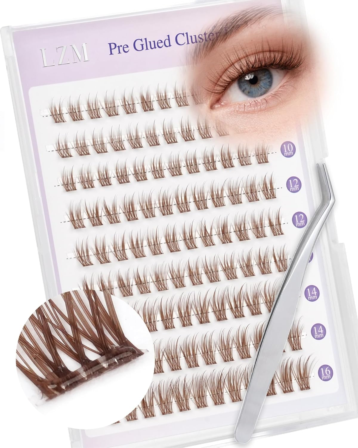LZM Pre Glued Cluster Lashes Brown Self Adhesive Lashes Clusters Natural with Tweezers No Glue Needed Press-On Eyelashes Wispy Eyelash Extensions DIY at Home 10Mm 12Mm 14Mm 16Mm (YS10) image number 3